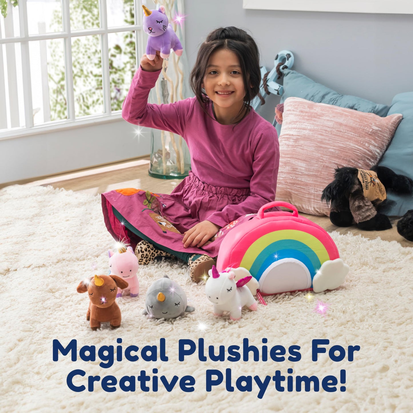 PixieCrush Unicorn Stuffed Animal Set – 5 Plush Toys with Rainbow Carry Case (Ages 3+)