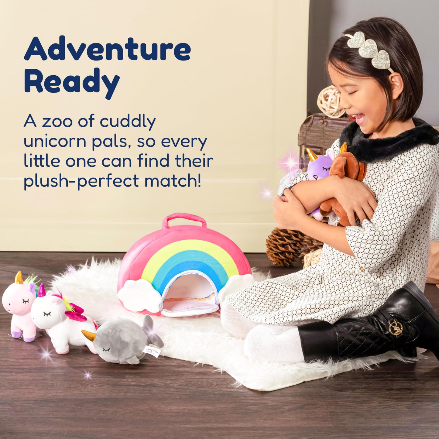 PixieCrush Unicorn Stuffed Animal Set – 5 Plush Toys with Rainbow Carry Case (Ages 3+)
