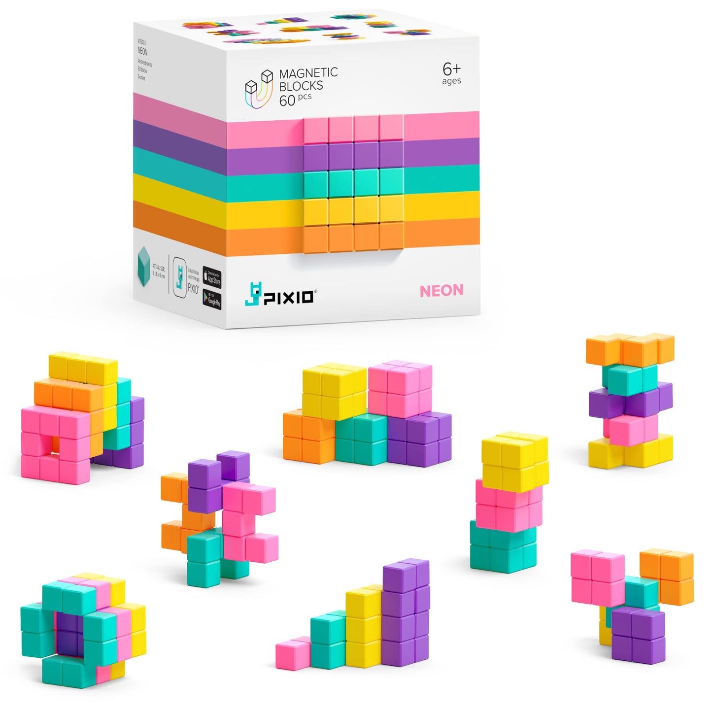 PIXIO Neon Magnetic Blocks — Pixel Art Toy, 60pc Set with Free App | Ages 6+
