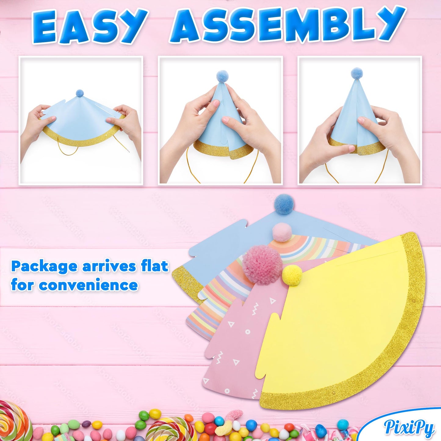 PixiPy Birthday Party Hats – 10 Colorful Cone-Shaped Celebration Headwear for Memorable Parties