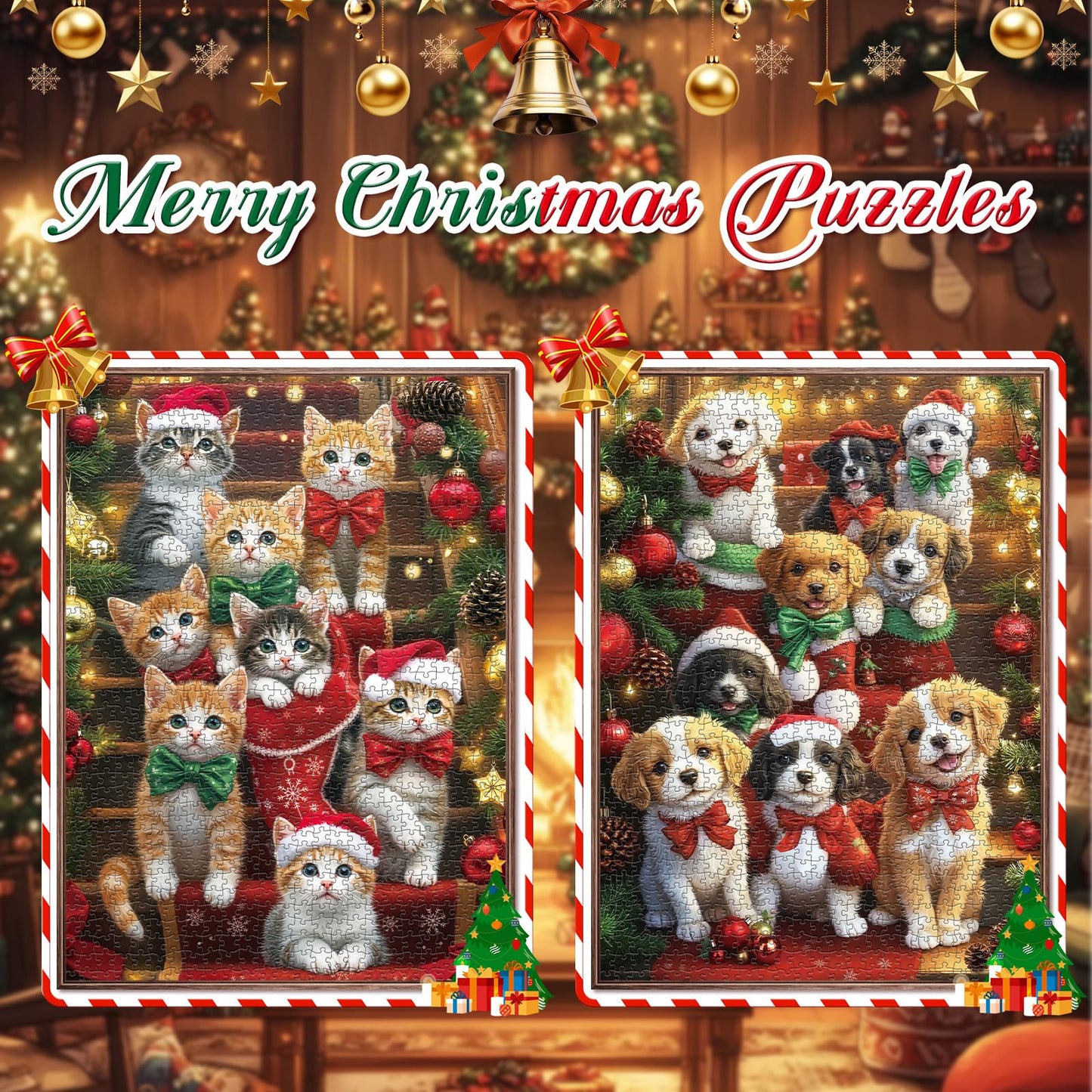 Pixlora Christmas Puzzles 1000 Pieces – 2-Pack with Sparkling Cat & Dog Scene (26.77 x 19.29 in)