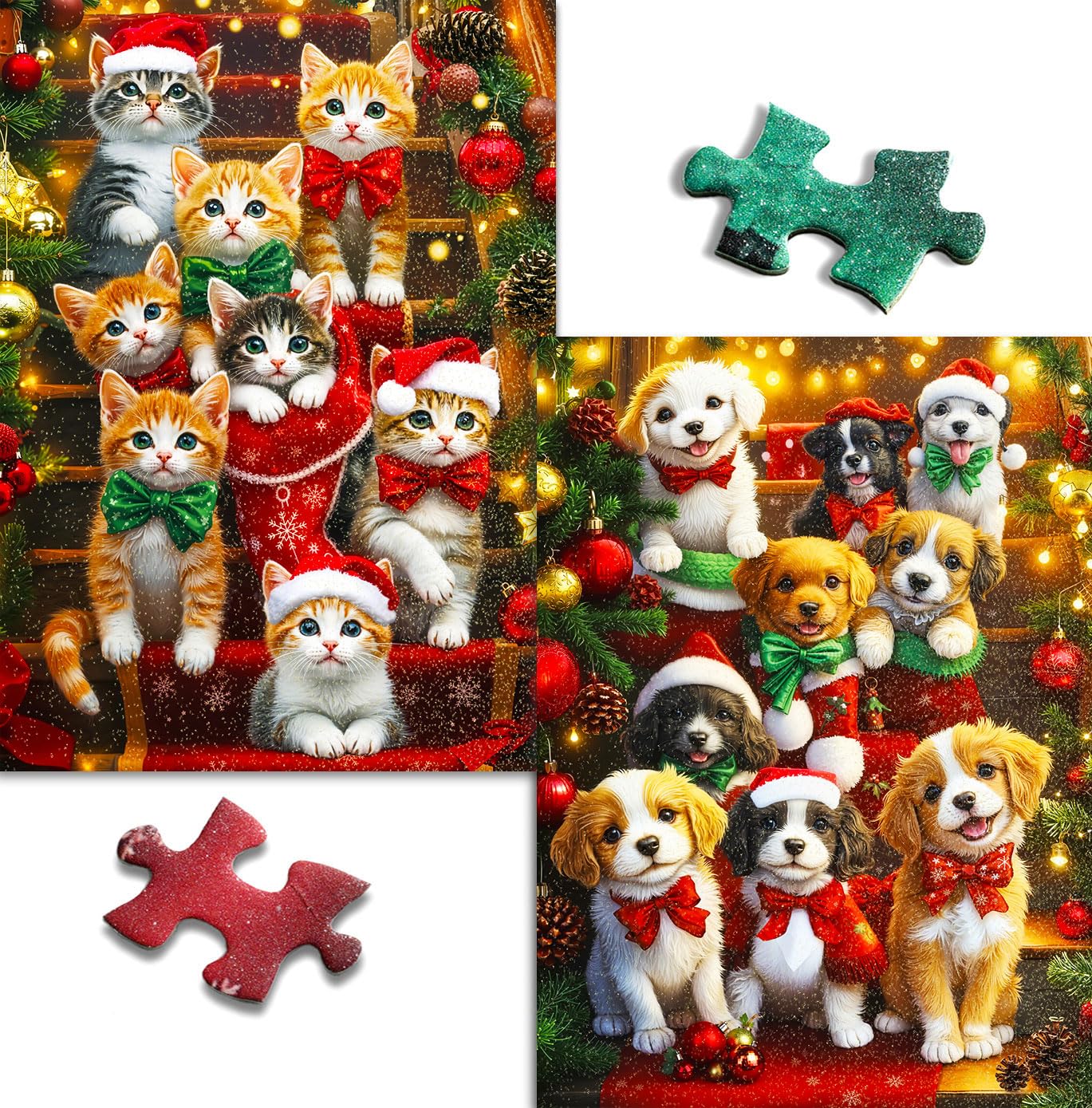 Pixlora Christmas Puzzles 1000 Pieces – 2-Pack with Sparkling Cat & Dog Scene (26.77 x 19.29 in)