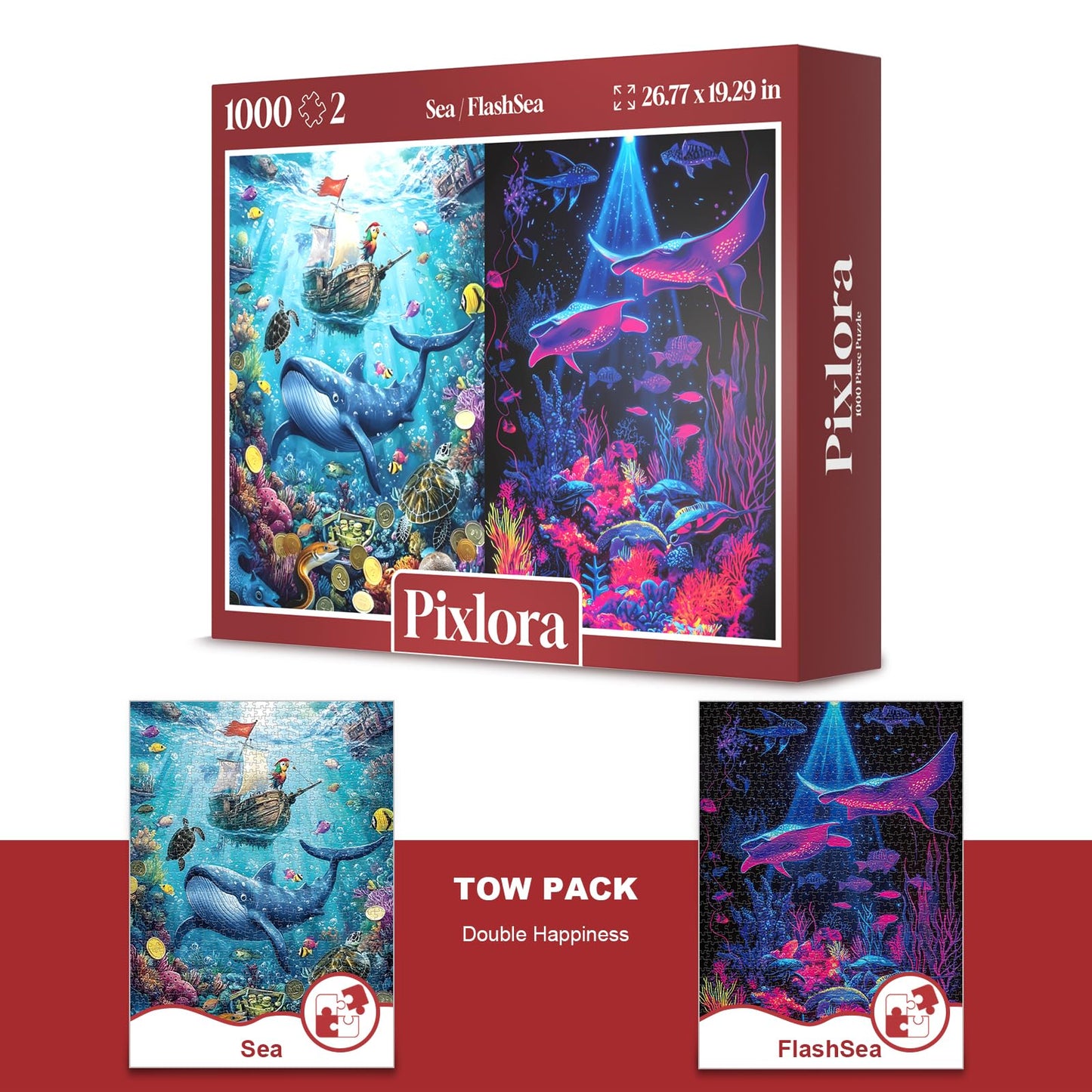 Pixlora Jigsaw Puzzles 1000 Pieces – 2-Pack Ocean Animal & Whale Puzzle Set | Marine Life Art Gift for Adults