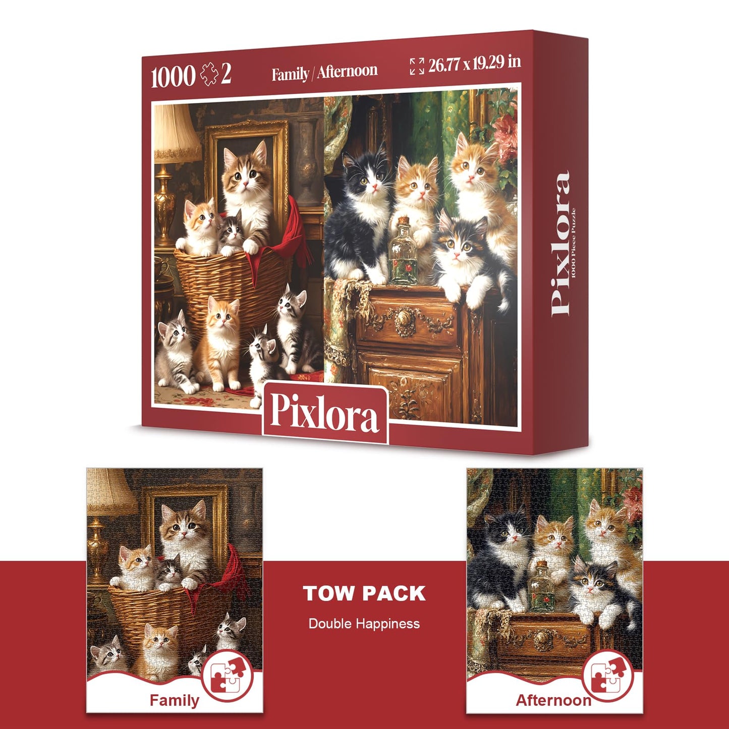 Pixlora Cozy Cat Party Jigsaw Puzzles 1000 Pieces - 2-Pack: Kitten Cuddle Chaos & Sunbeam Siesta