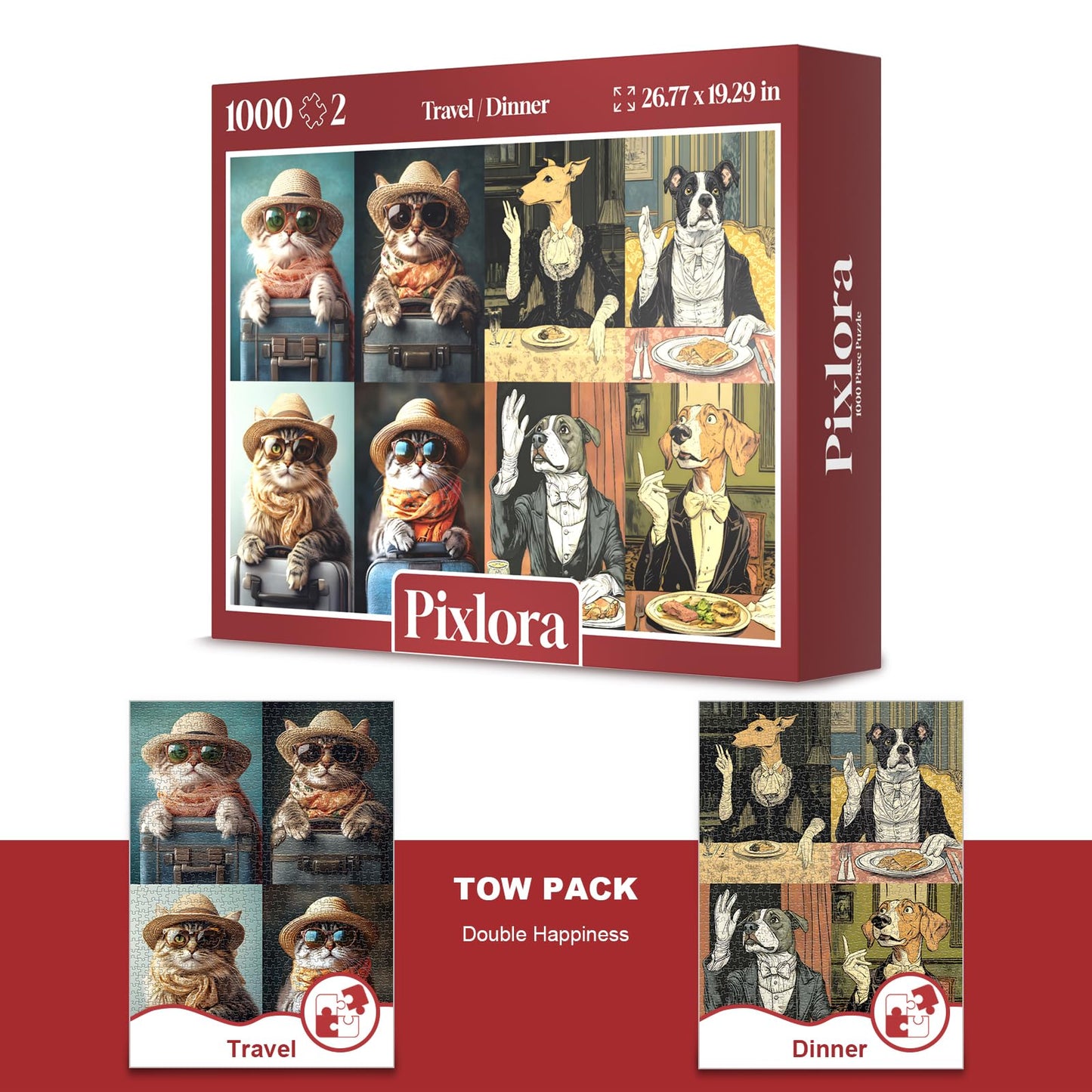 pixlora 1000-Piece Jigsaw Puzzles for Adults — Globetrotting Cat & Dapper Dog Soiree (2-Pack)