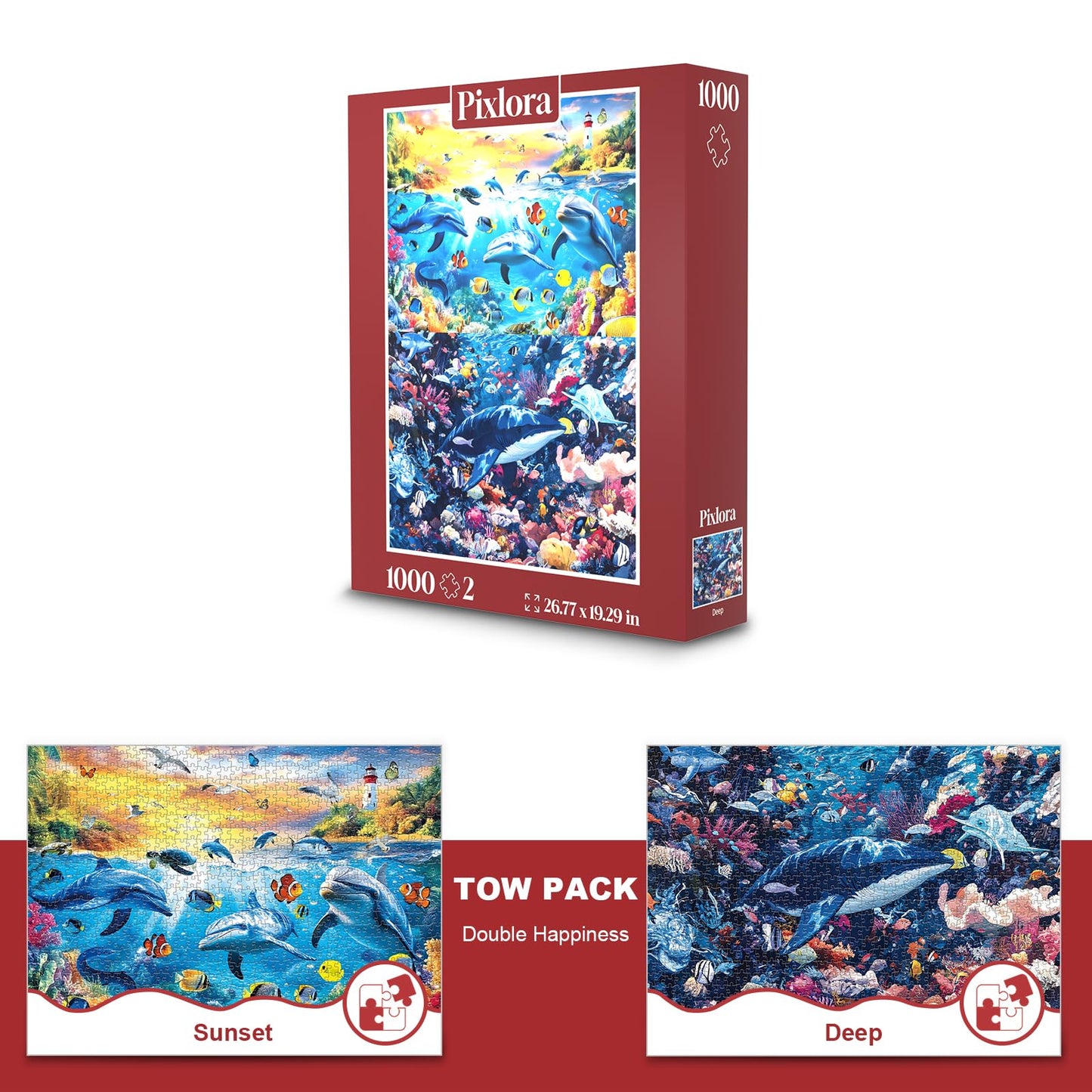 Pixlora 2-Pack 1000-Piece Ocean Jigsaw Puzzles: Dolphin Sunset & Deep Sea