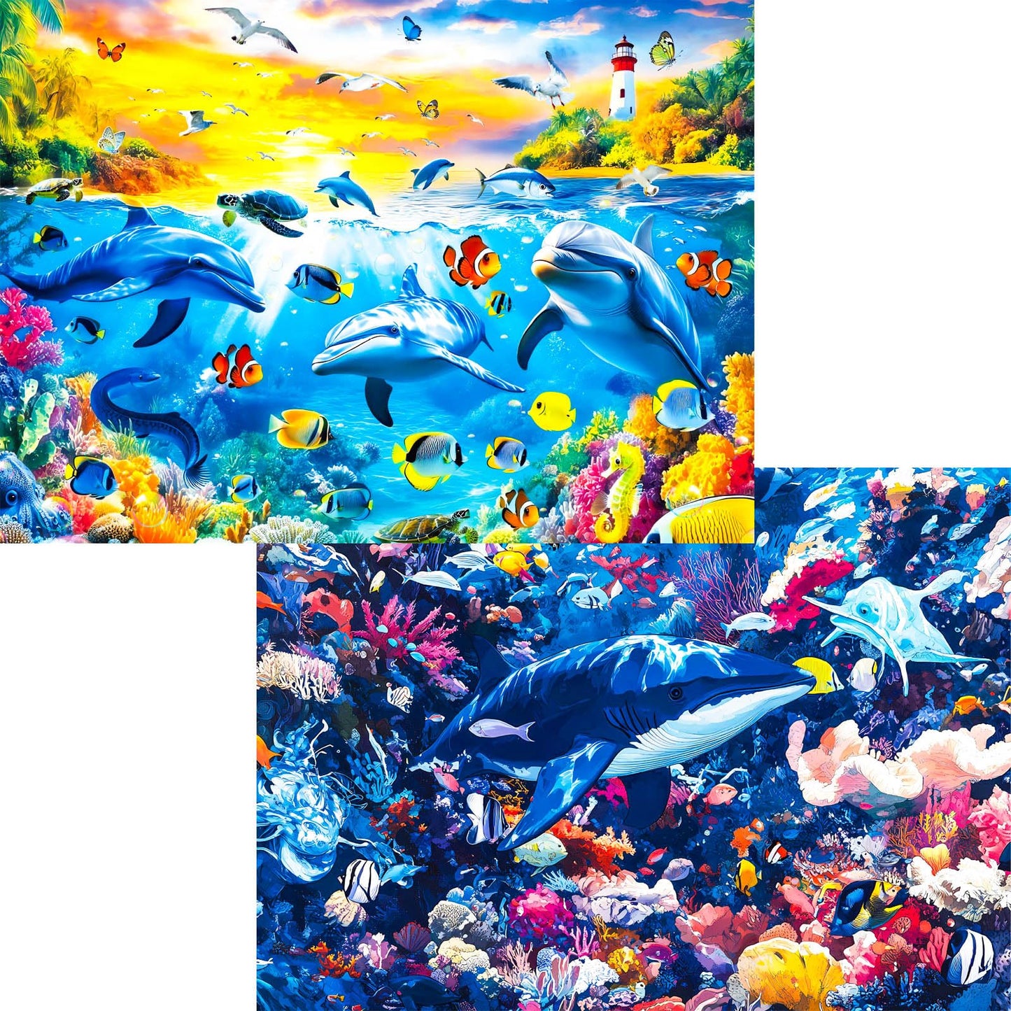 Pixlora 2-Pack 1000-Piece Ocean Jigsaw Puzzles: Dolphin Sunset & Deep Sea