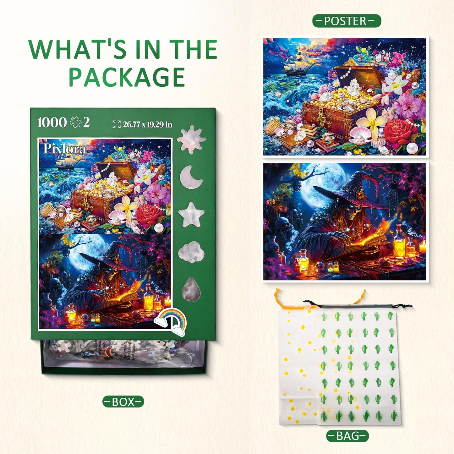 Pixlora 1000-Piece Puzzle Set (2-Pack) — Treasures & Dark Forest + Magical Dreamy Series