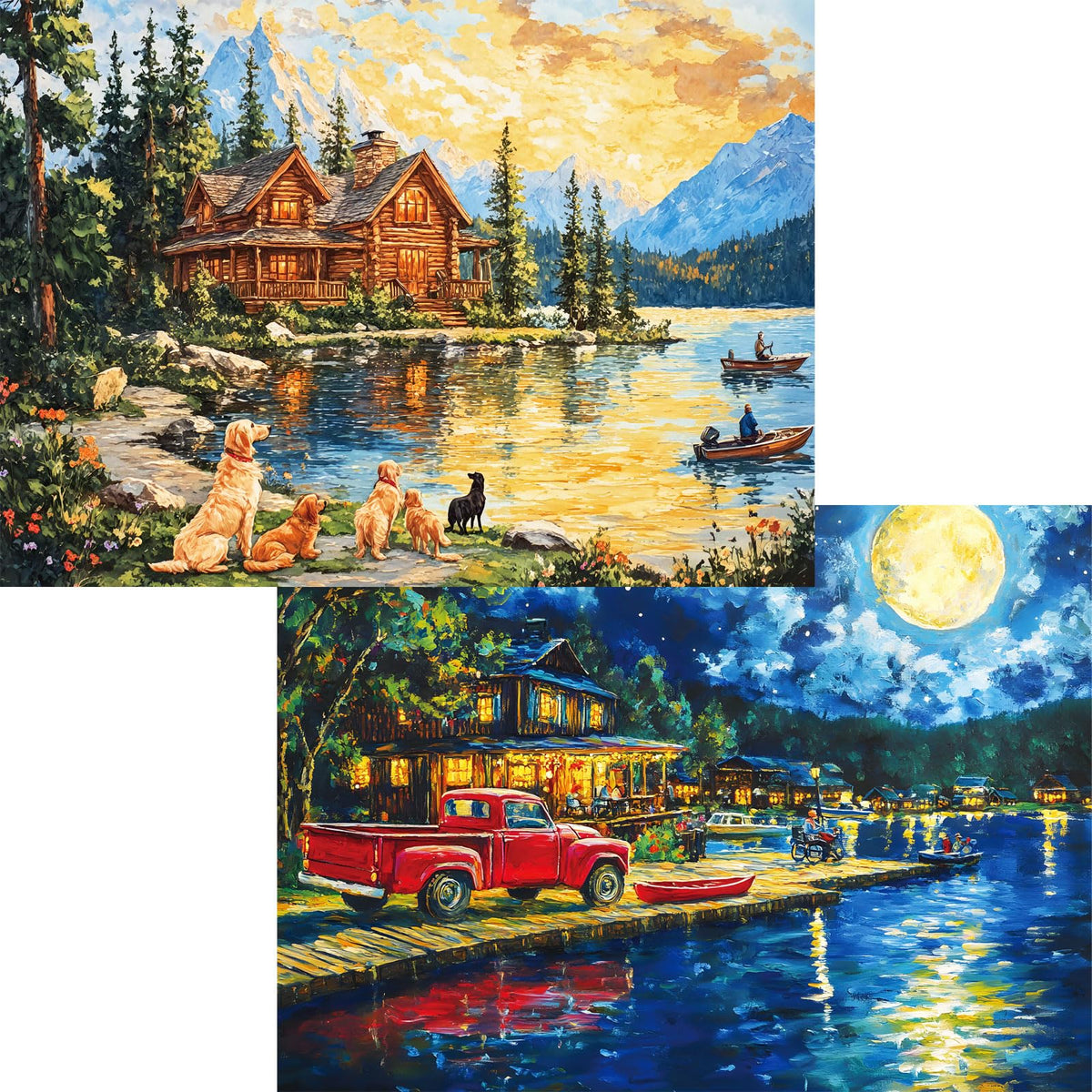 Pixlora 1000-Piece Puzzles 2-Pack: Lake Cabin & Moonlight Jigsaws – Night View