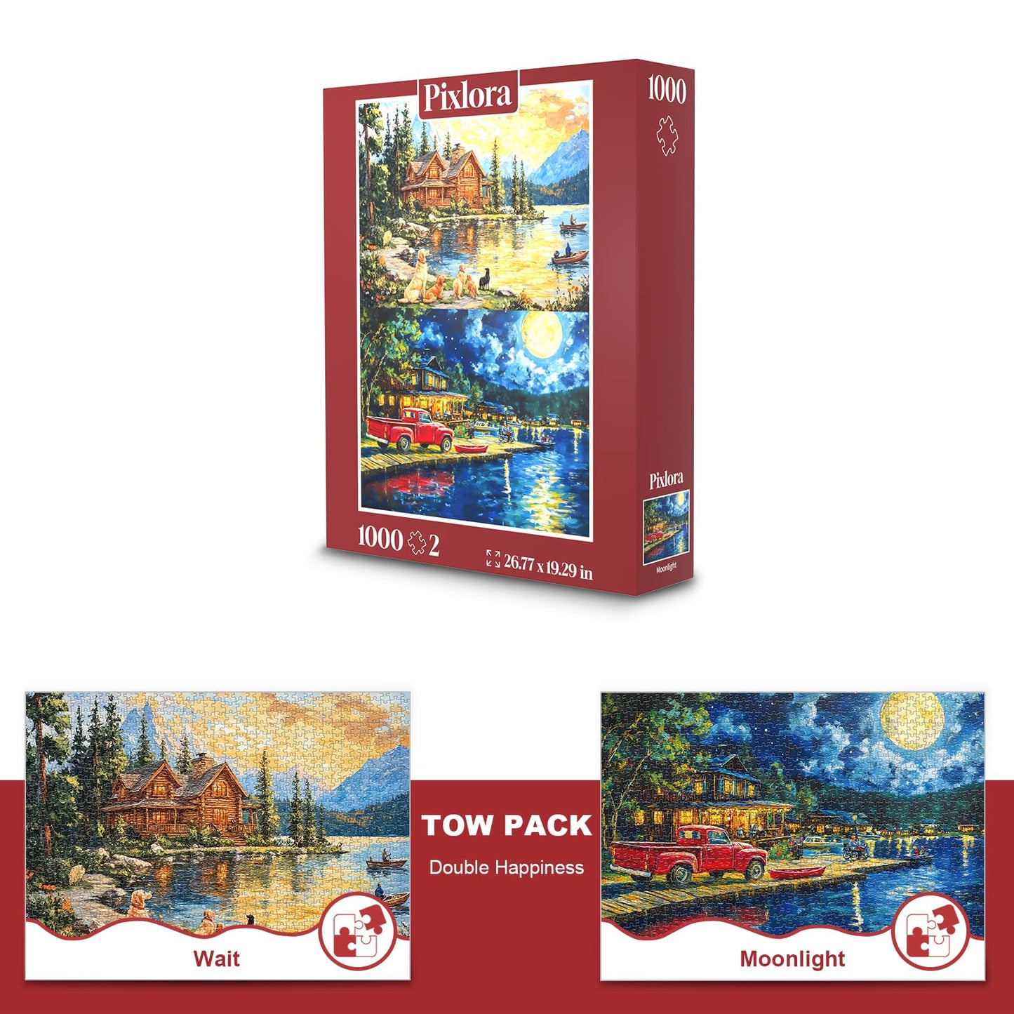 Pixlora 1000-Piece Puzzles 2-Pack: Lake Cabin & Moonlight Jigsaws – Night View