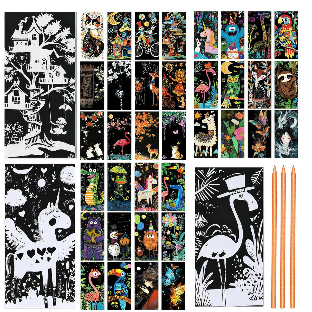 Pixnest 36 Pcs Scratch Art Bookmarks Kit – 3 Styles Rainbow Paper Craft Set with Tools
