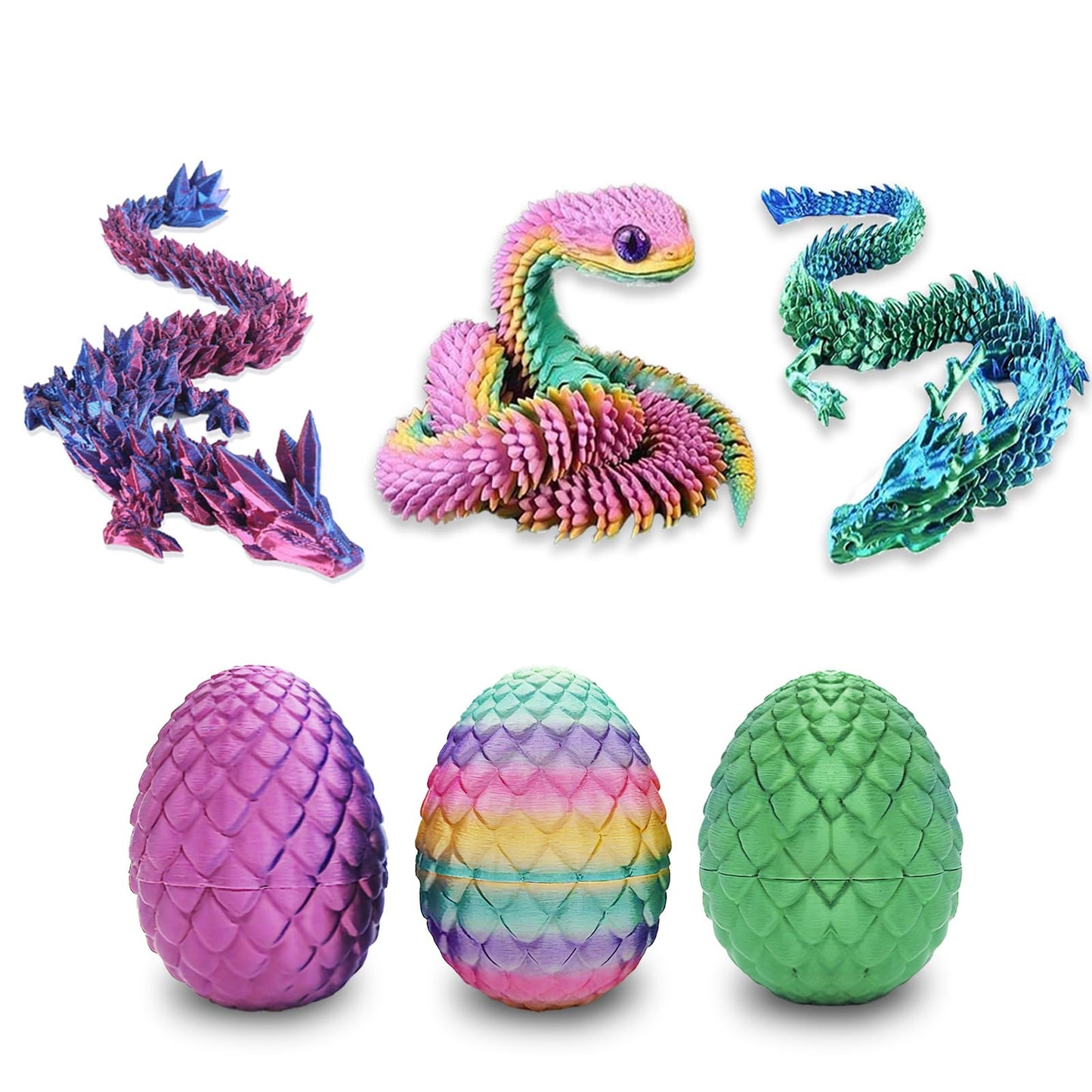 Pixnest 3D Printed Dragons & Dragon Egg Set – 11.8-inch Articulated Crystals (3-Pack)