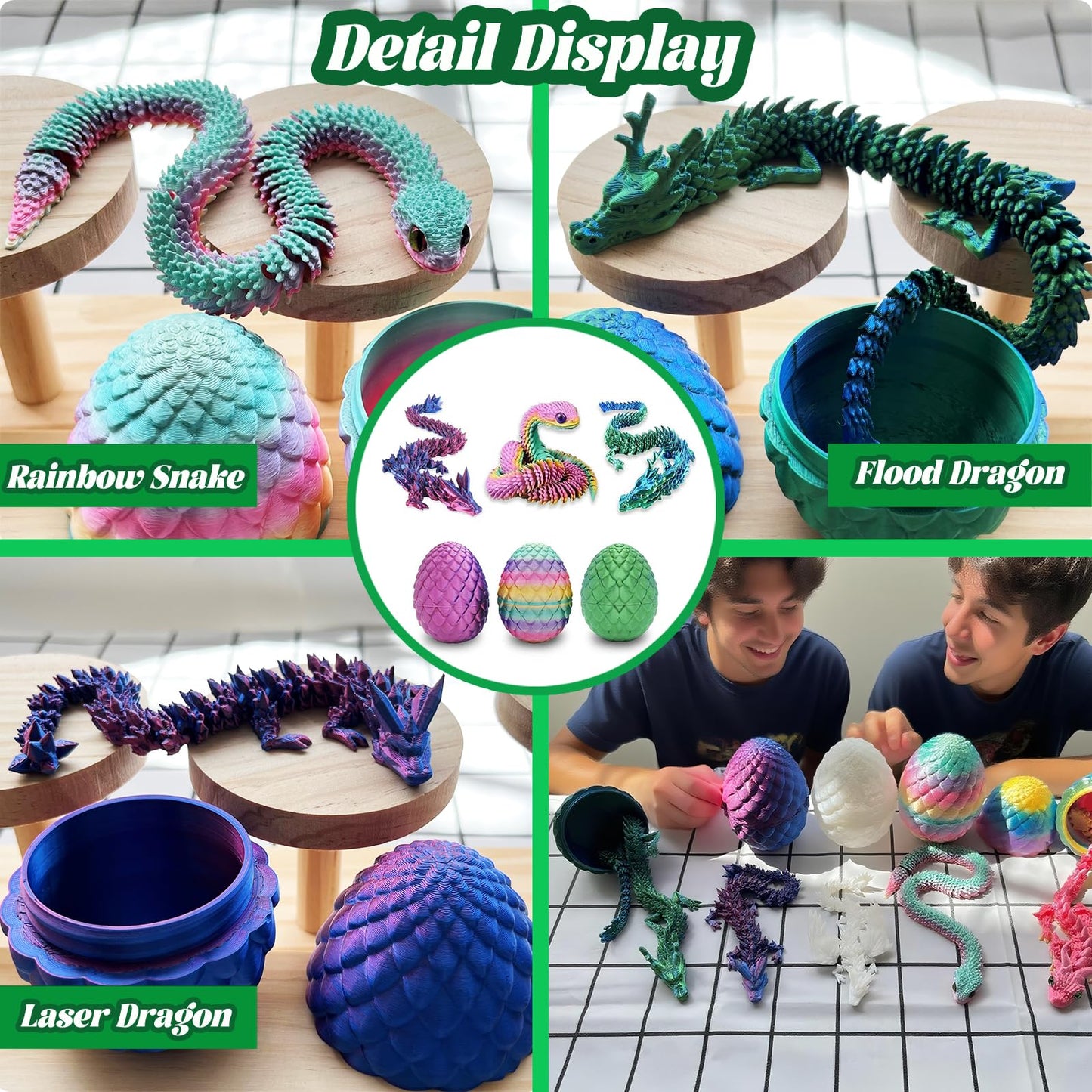 Pixnest 3D Printed Dragons & Dragon Egg Set – 11.8-inch Articulated Crystals (3-Pack)