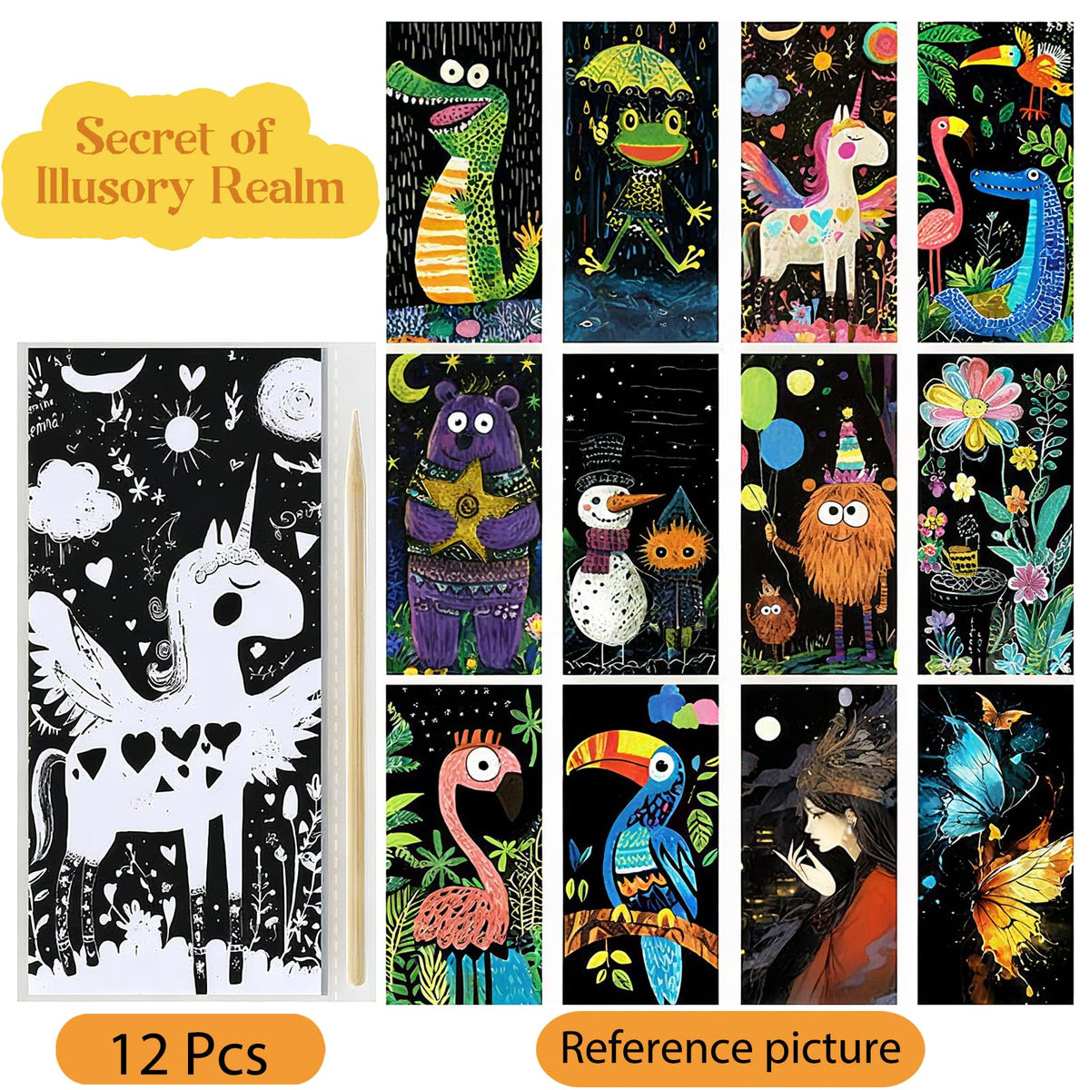 Pixnest 36 Pcs Scratch Art Bookmarks Kit – 3 Styles Rainbow Paper Craft Set with Tools