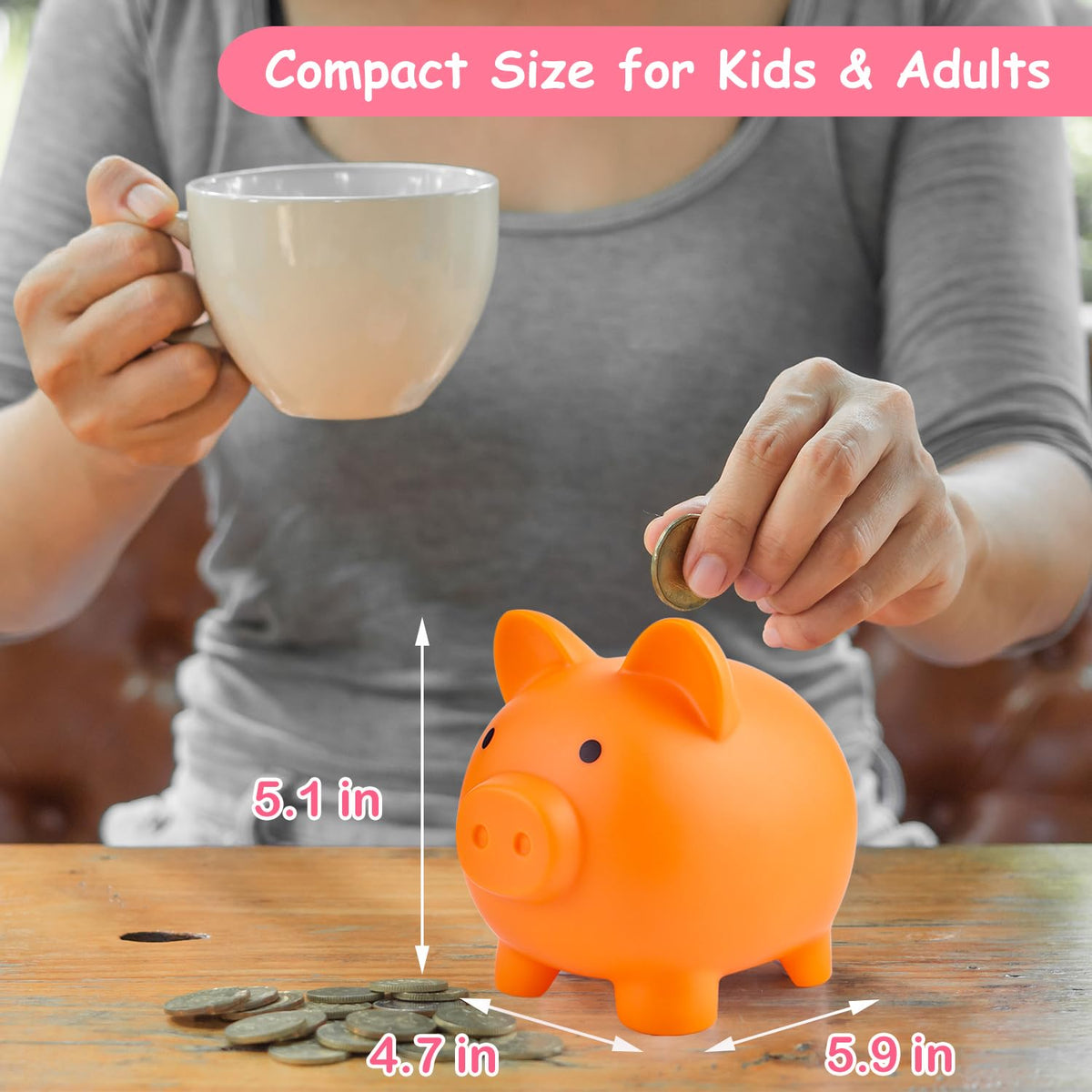 PJDRLLC Piggy Bank - Unbreakable Plastic Money Bank for Kids (Orange)