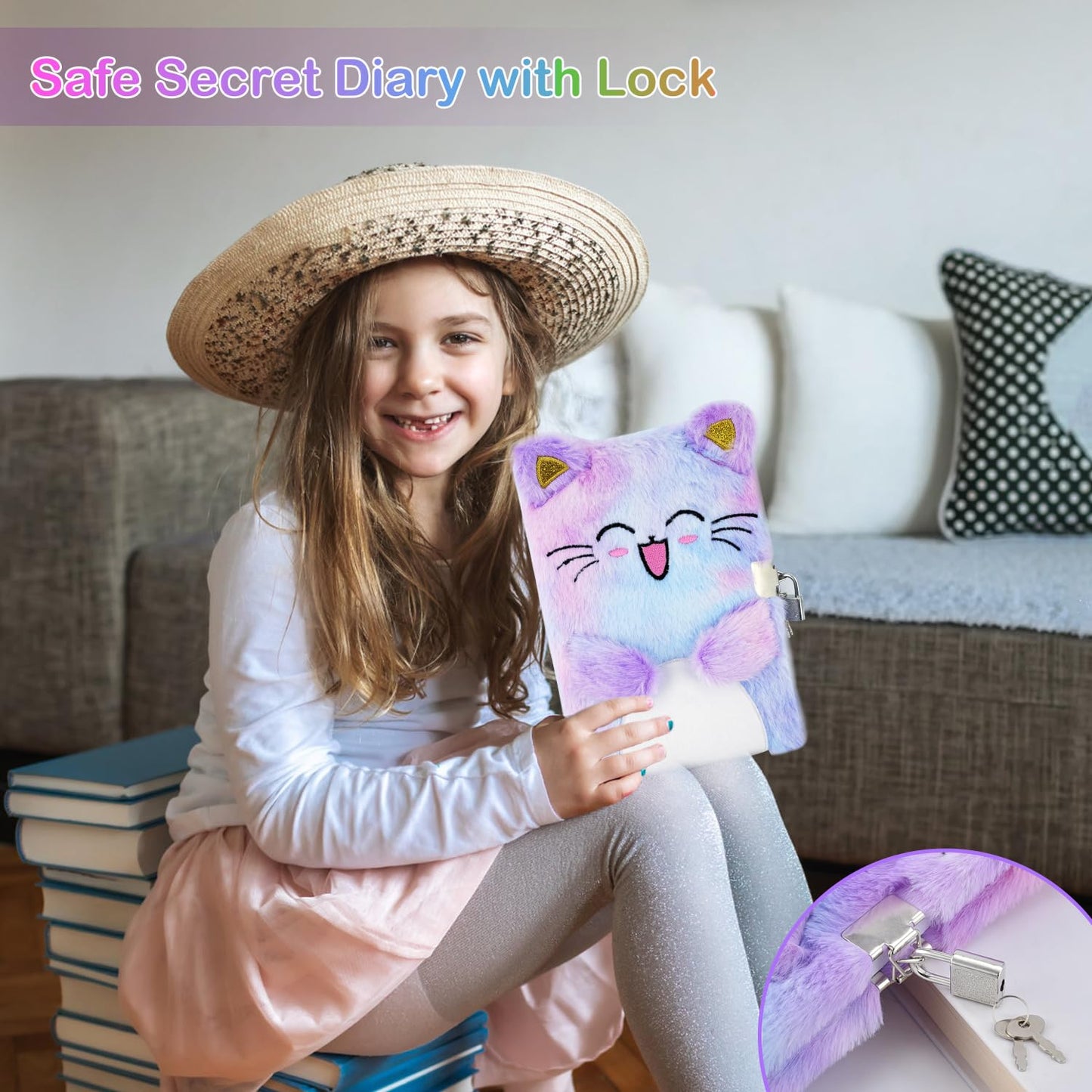 PJDRLLC Cat Diary with Lock – Gift Journal for Girls 6–8, Includes Coin Purse, Multicolored Pen & Stickers
