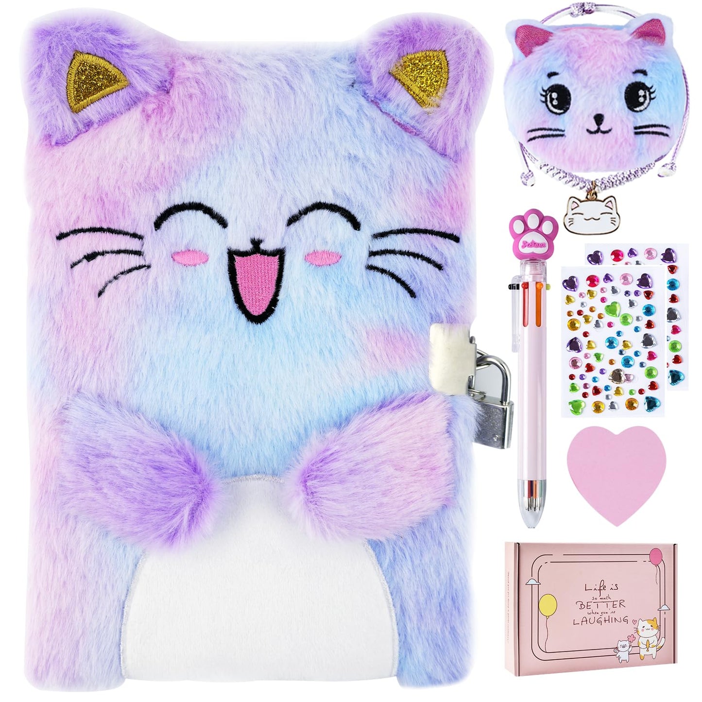 PJDRLLC Cat Diary with Lock – Gift Journal for Girls 6–8, Includes Coin Purse, Multicolored Pen & Stickers
