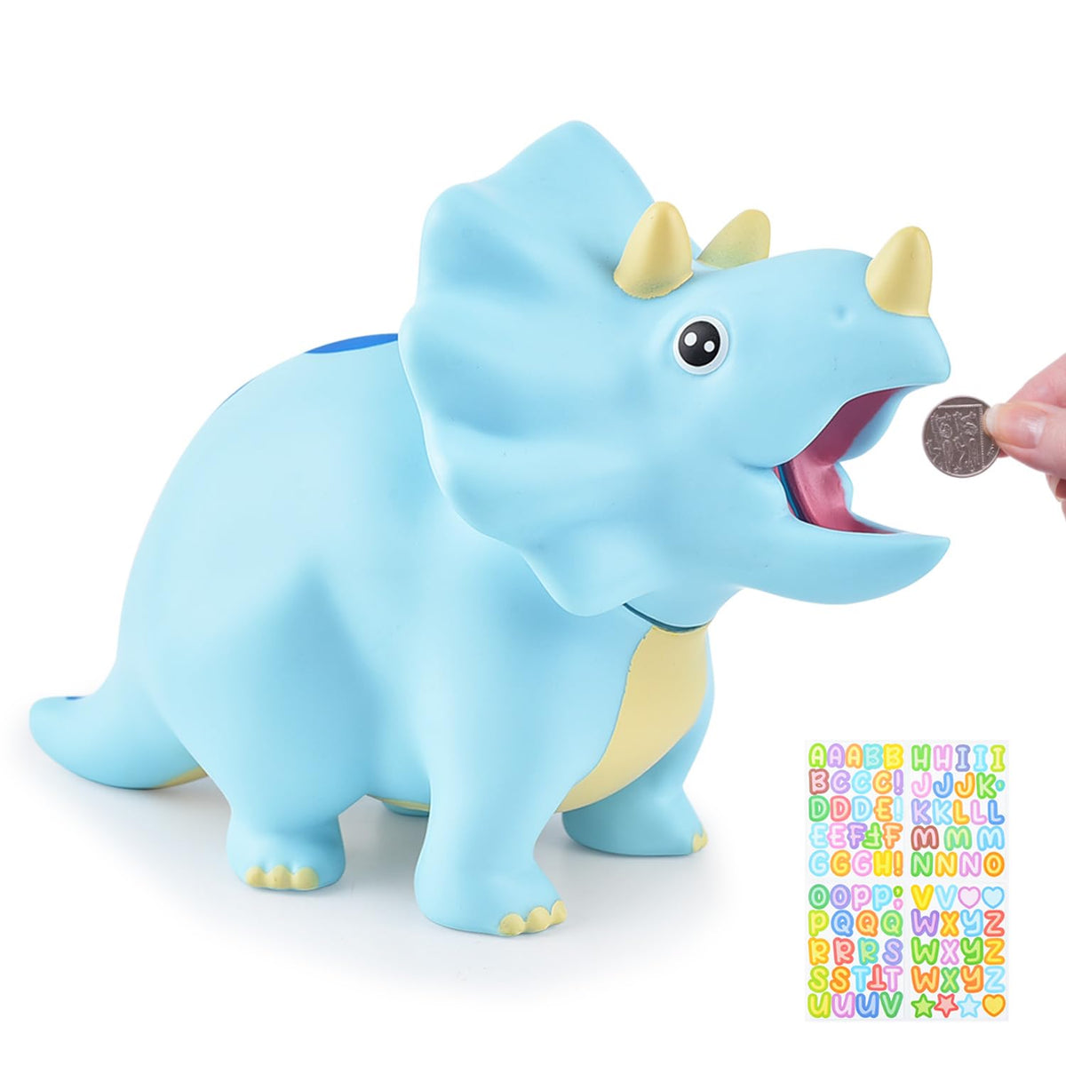 PJDRLLC Dinosaur Piggy Bank for Kids – Durable 10-Inch Plastic Coin Bank (Blue)