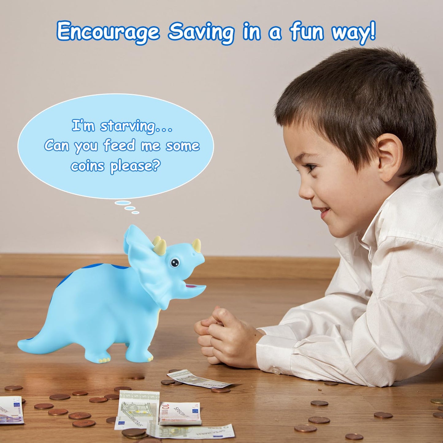 PJDRLLC Dinosaur Piggy Bank for Kids – Durable 10-Inch Plastic Coin Bank (Blue)