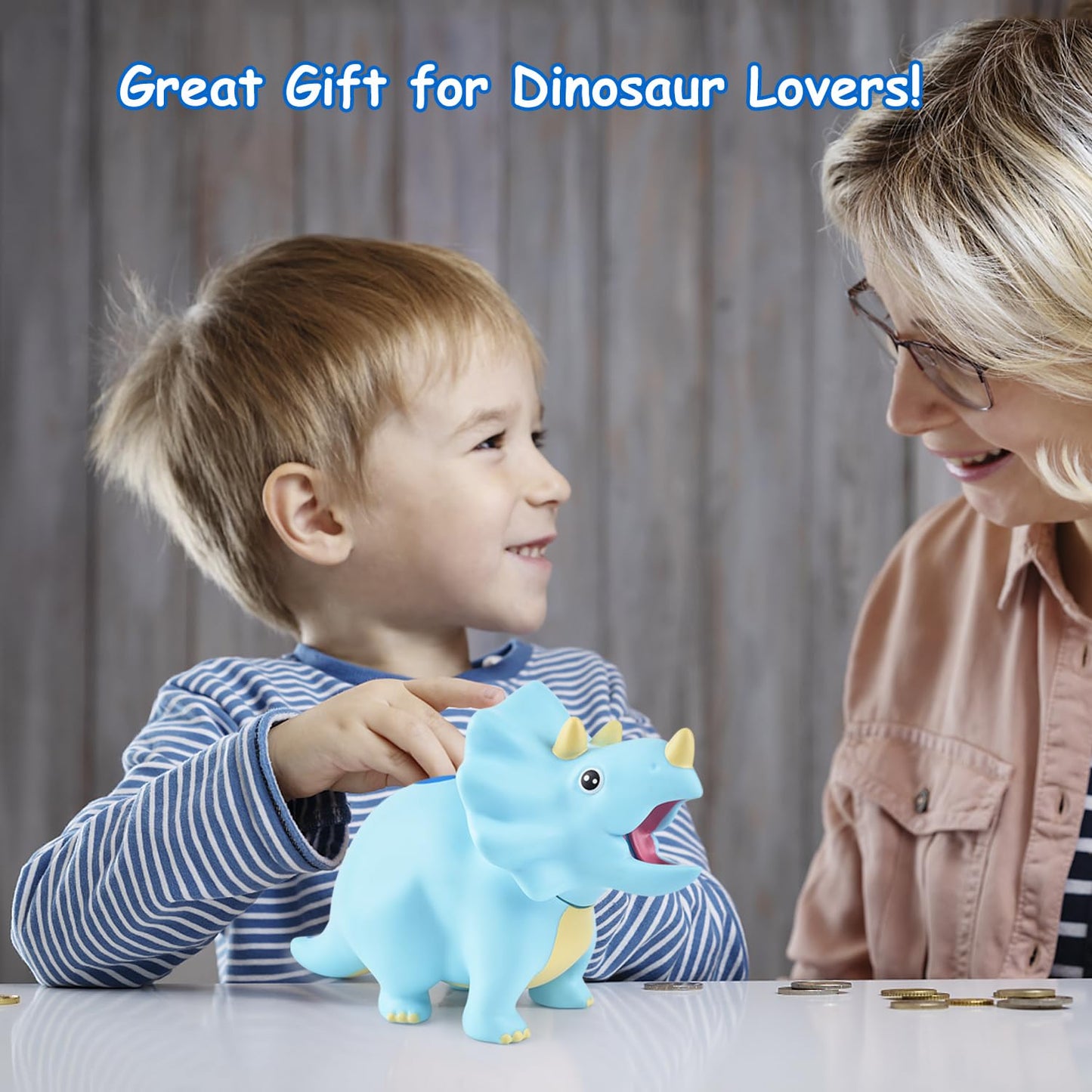PJDRLLC Dinosaur Piggy Bank for Kids – Durable 10-Inch Plastic Coin Bank (Blue)