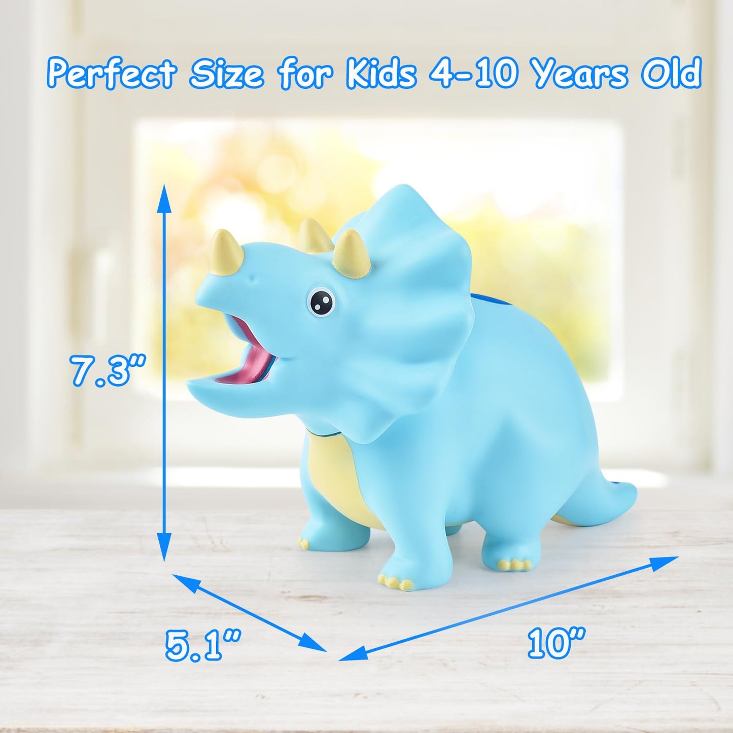 PJDRLLC Dinosaur Piggy Bank for Kids – Durable 10-Inch Plastic Coin Bank (Blue)
