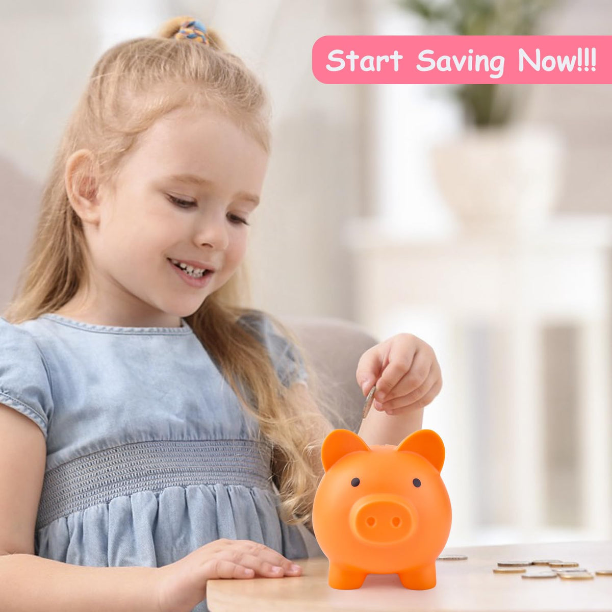 PJDRLLC Piggy Bank - Unbreakable Plastic Money Bank for Kids (Orange)