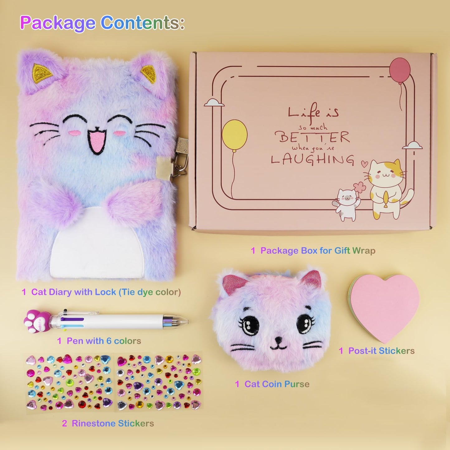 PJDRLLC Cat Diary with Lock – Gift Journal for Girls 6–8, Includes Coin Purse, Multicolored Pen & Stickers