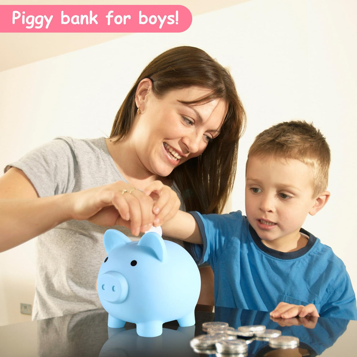 PJDRLLC Large Piggy Bank – Unbreakable Blue Money Bank for Kids