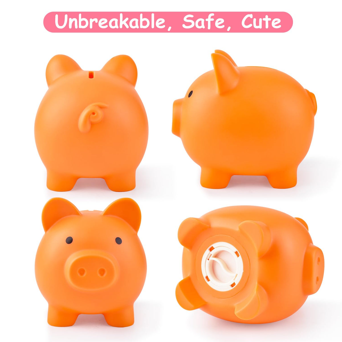 PJDRLLC Piggy Bank - Unbreakable Plastic Money Bank for Kids (Orange)
