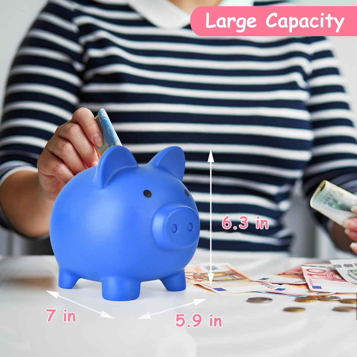 PJDRLLC Large Unbreakable Piggy Bank – Durable Plastic Coin Bank for Kids (Dark Blue)