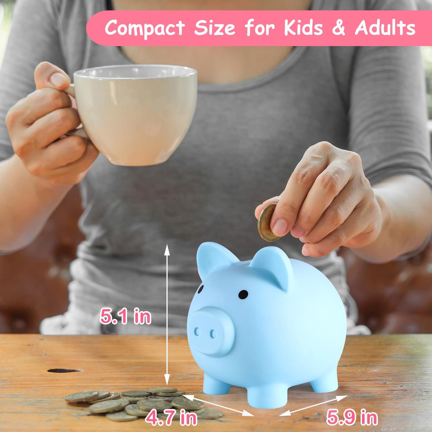 PJDRLLC Unbreakable Piggy Bank – Medium Blue Money Bank for Kids