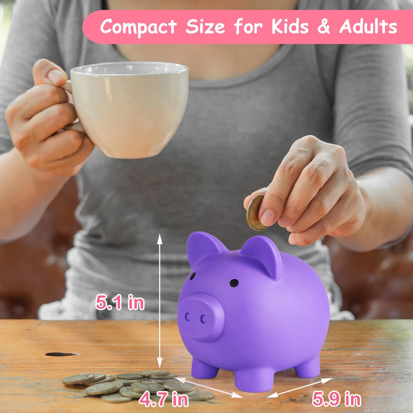 PJDRLLC Piggy Bank – Unbreakable Plastic Money Box for Kids (Medium)