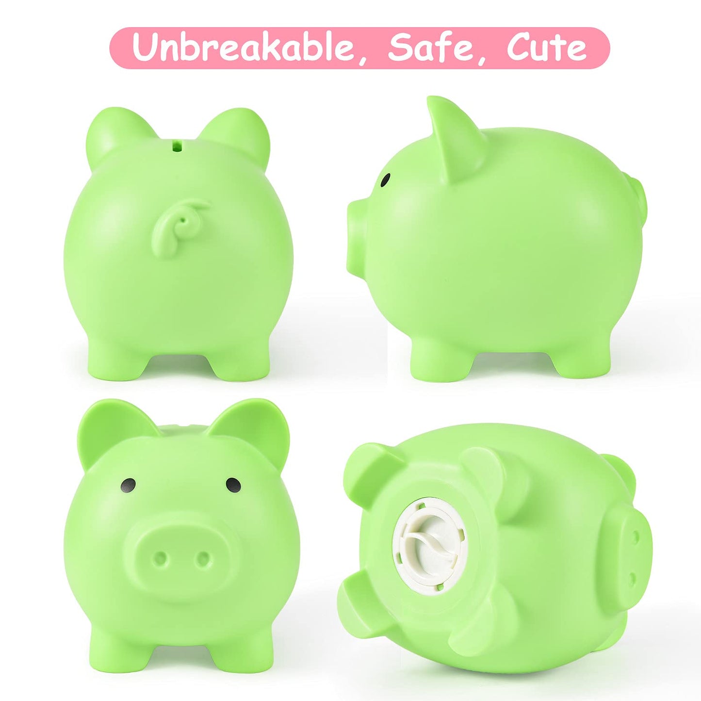 PJDRLLC Unbreakable Piggy Bank – Medium Plastic Coin Bank for Kids (Light Green)