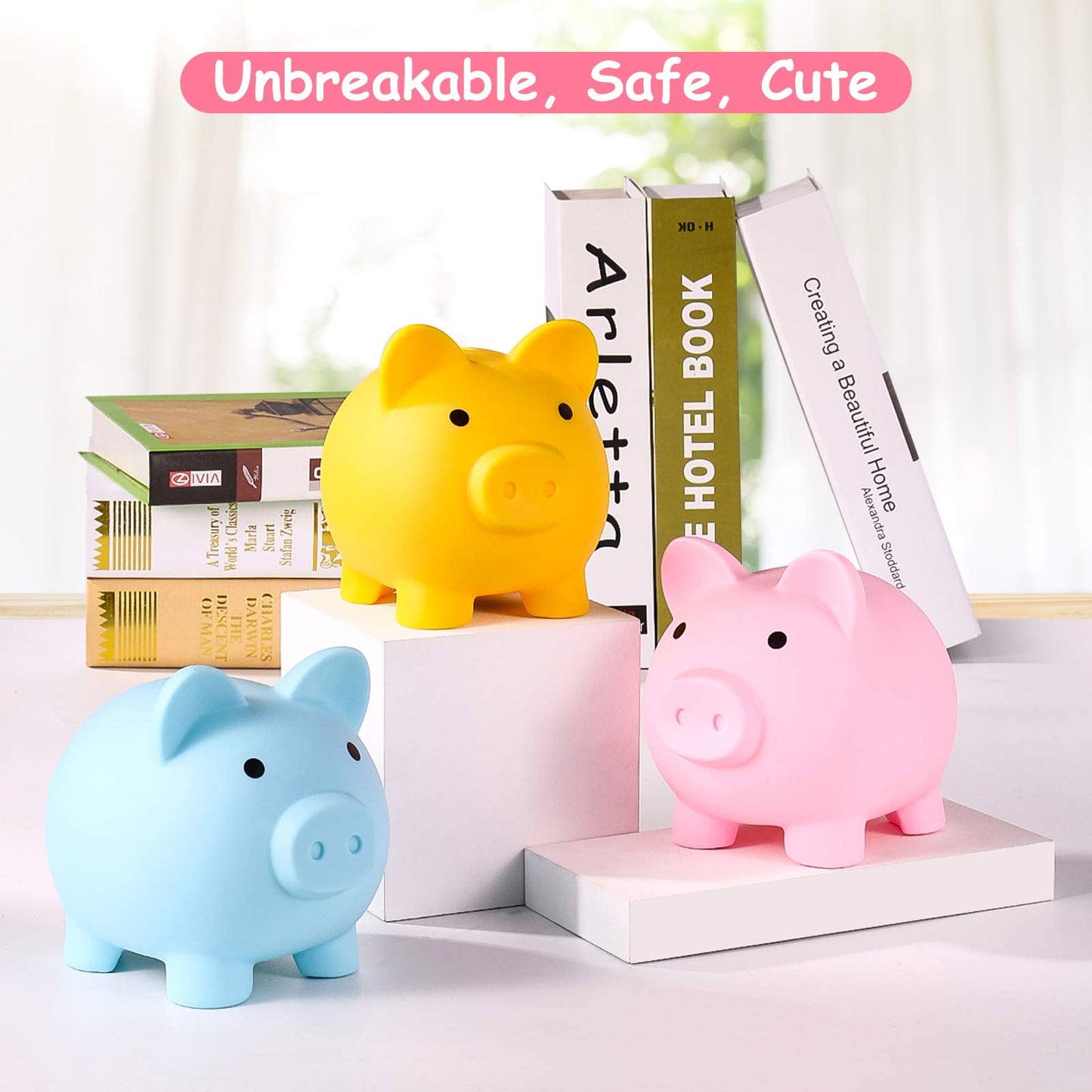PJDRLLC Piggy Bank – Durable Unbreakable Plastic Money Bank for Kids (Medium, Pink)