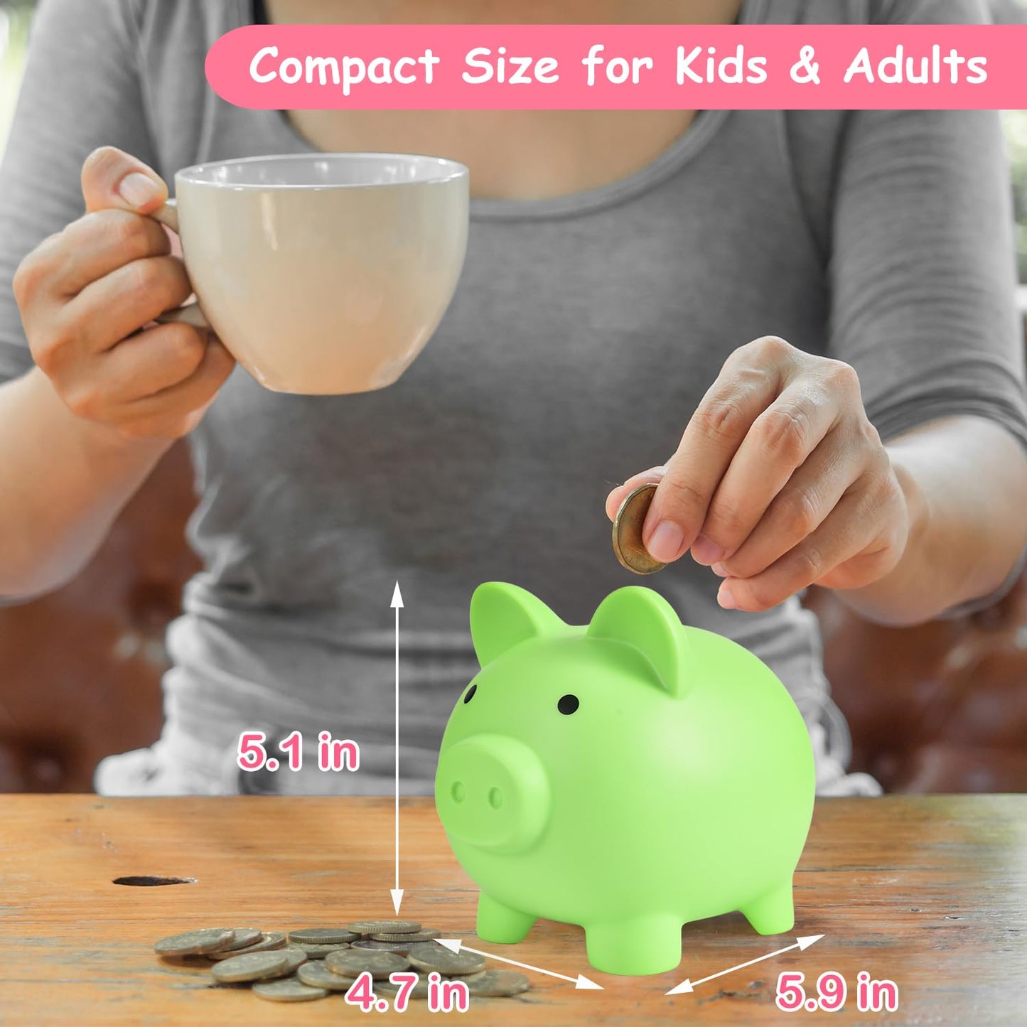 PJDRLLC Unbreakable Piggy Bank – Medium Plastic Coin Bank for Kids (Light Green)