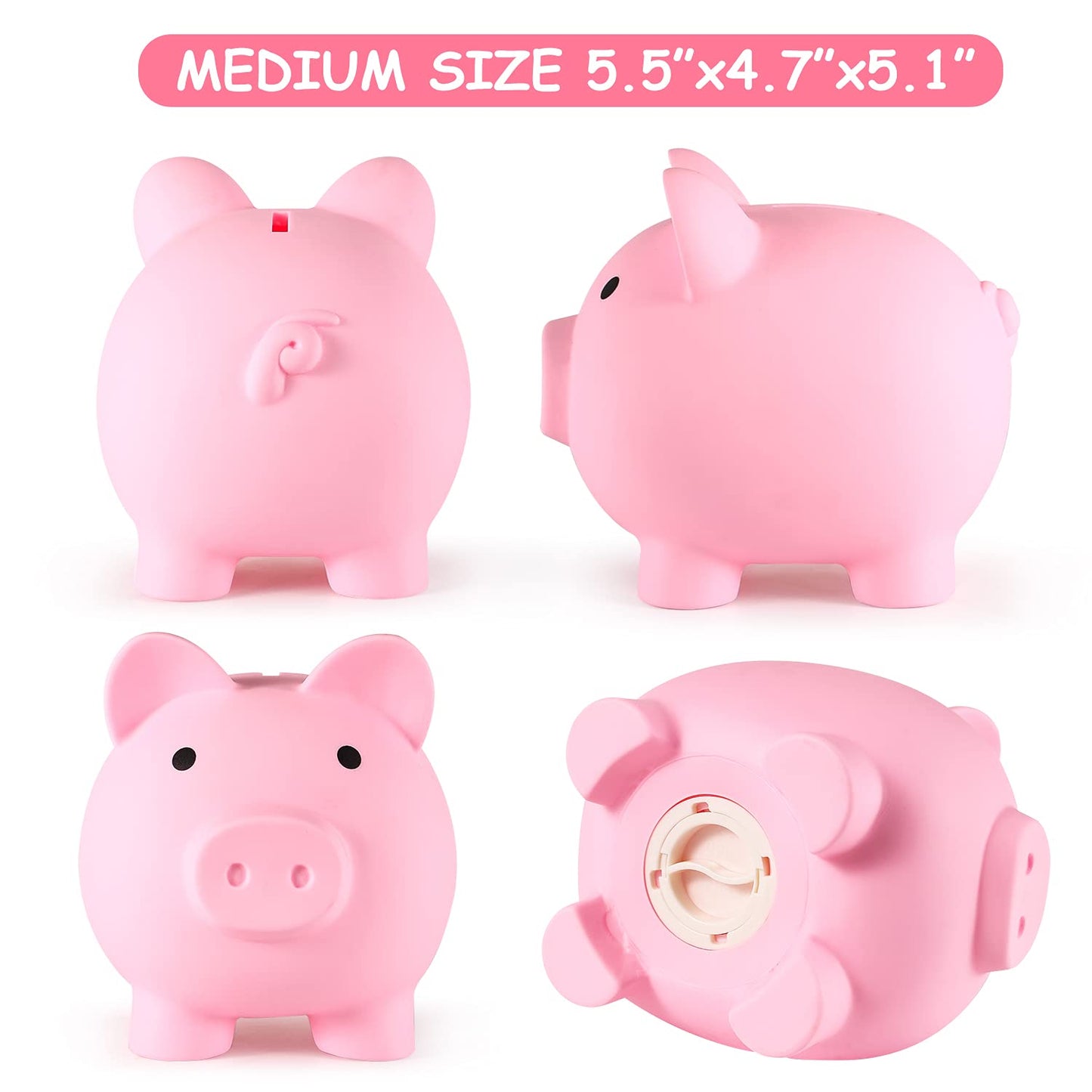 PJDRLLC Piggy Bank – Durable Unbreakable Plastic Money Bank for Kids (Medium, Pink)
