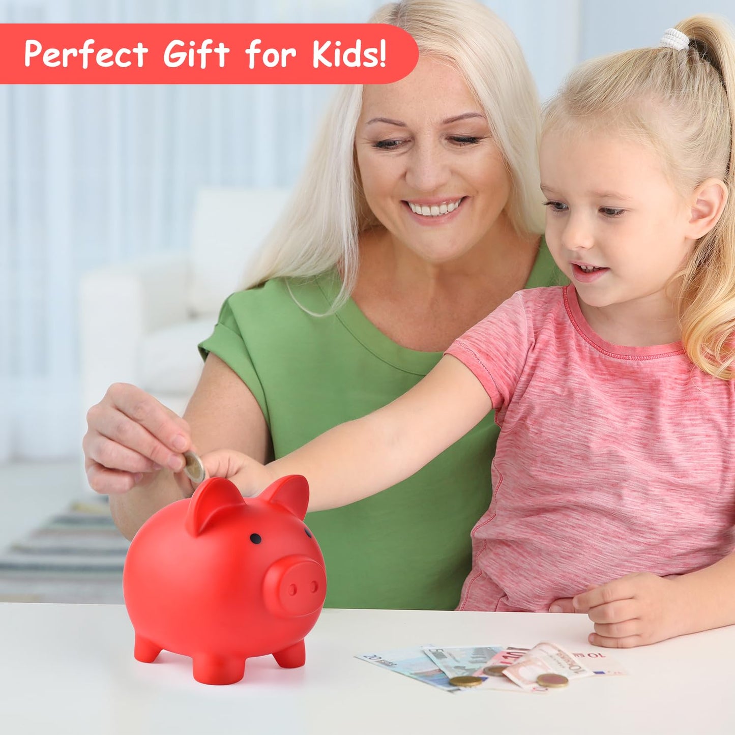 PJDRLLC Piggy Bank - Unbreakable Plastic Coin Bank for Kids (Red) | Medium Size