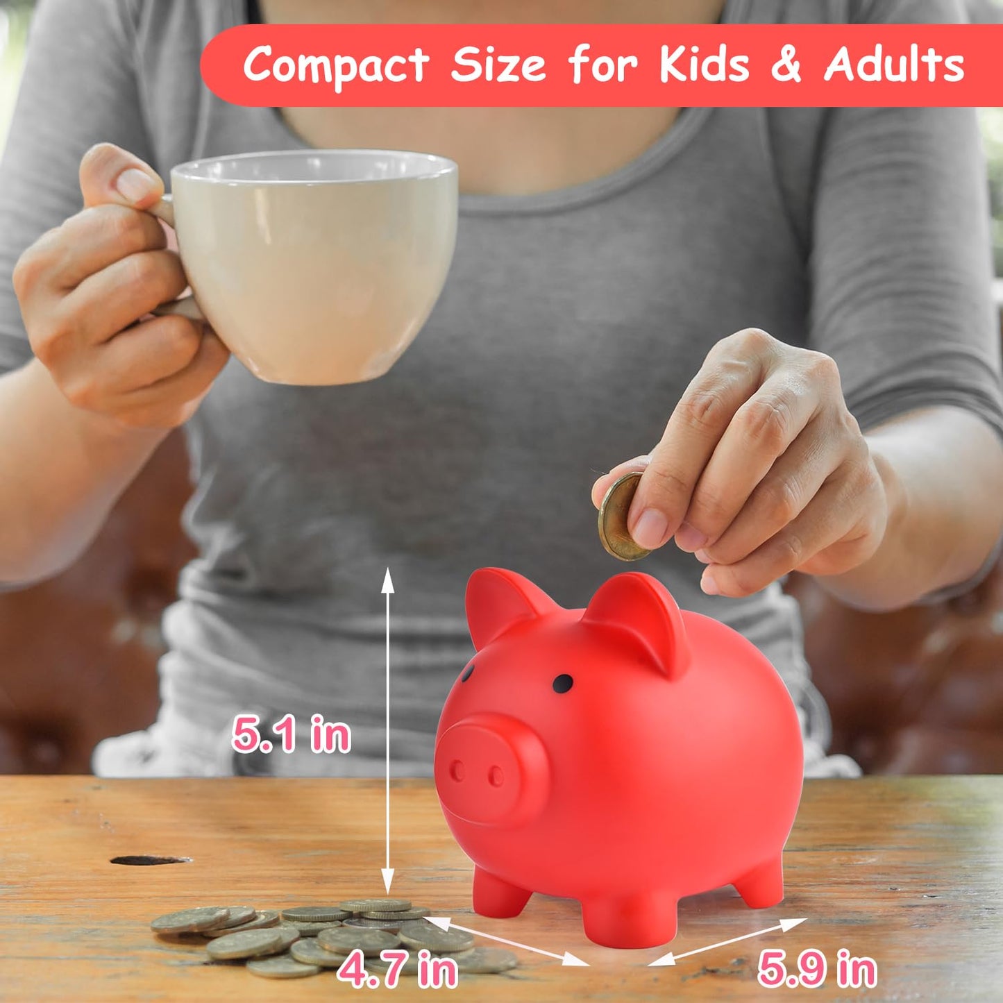 PJDRLLC Piggy Bank - Unbreakable Plastic Coin Bank for Kids (Red) | Medium Size