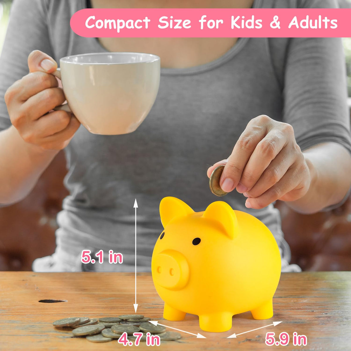 PJDRLLC Piggy Bank – Unbreakable Kids’ Money Bank (Yellow, Medium)