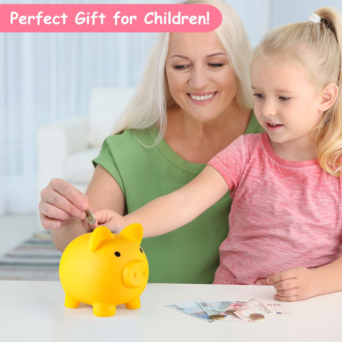 PJDRLLC Piggy Bank – Unbreakable Kids’ Money Bank (Yellow, Medium)