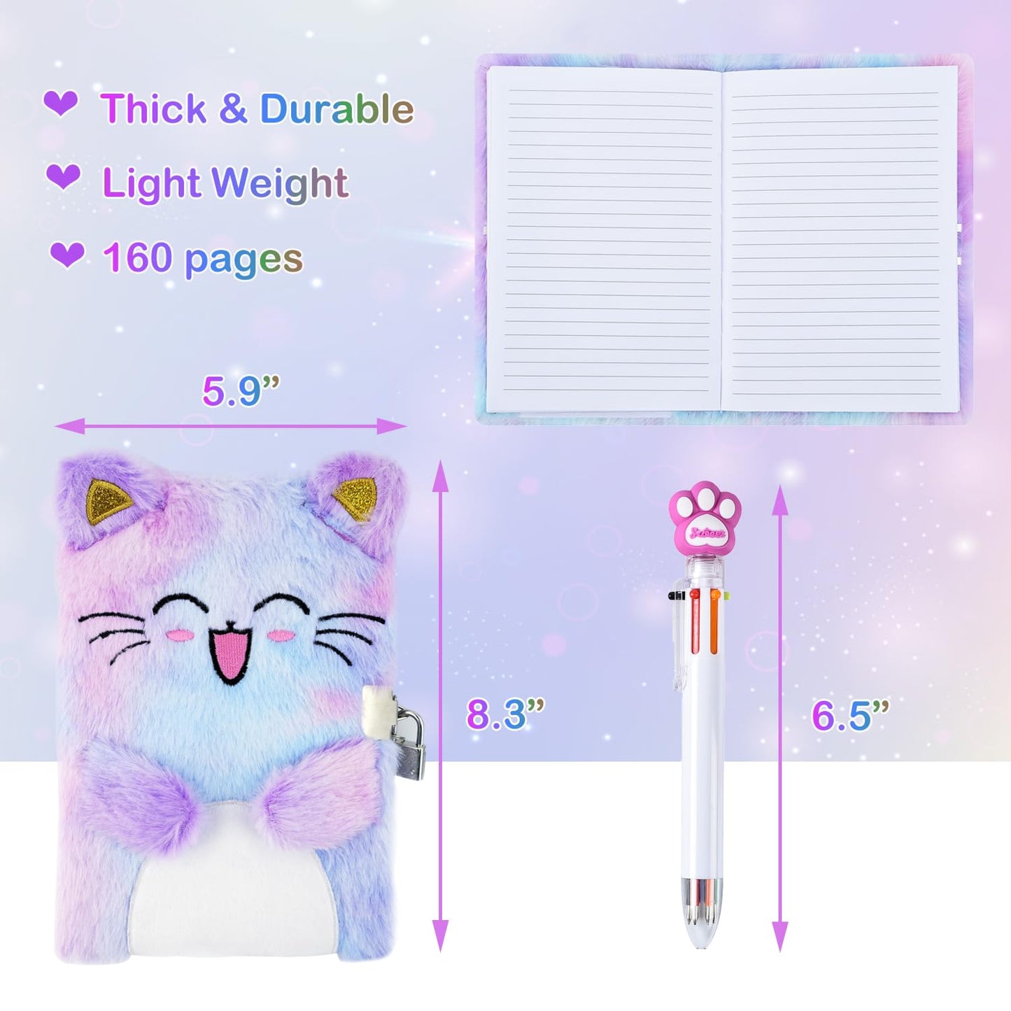 PJDRLLC Cat Diary with Lock – Gift Journal for Girls 6–8, Includes Coin Purse, Multicolored Pen & Stickers
