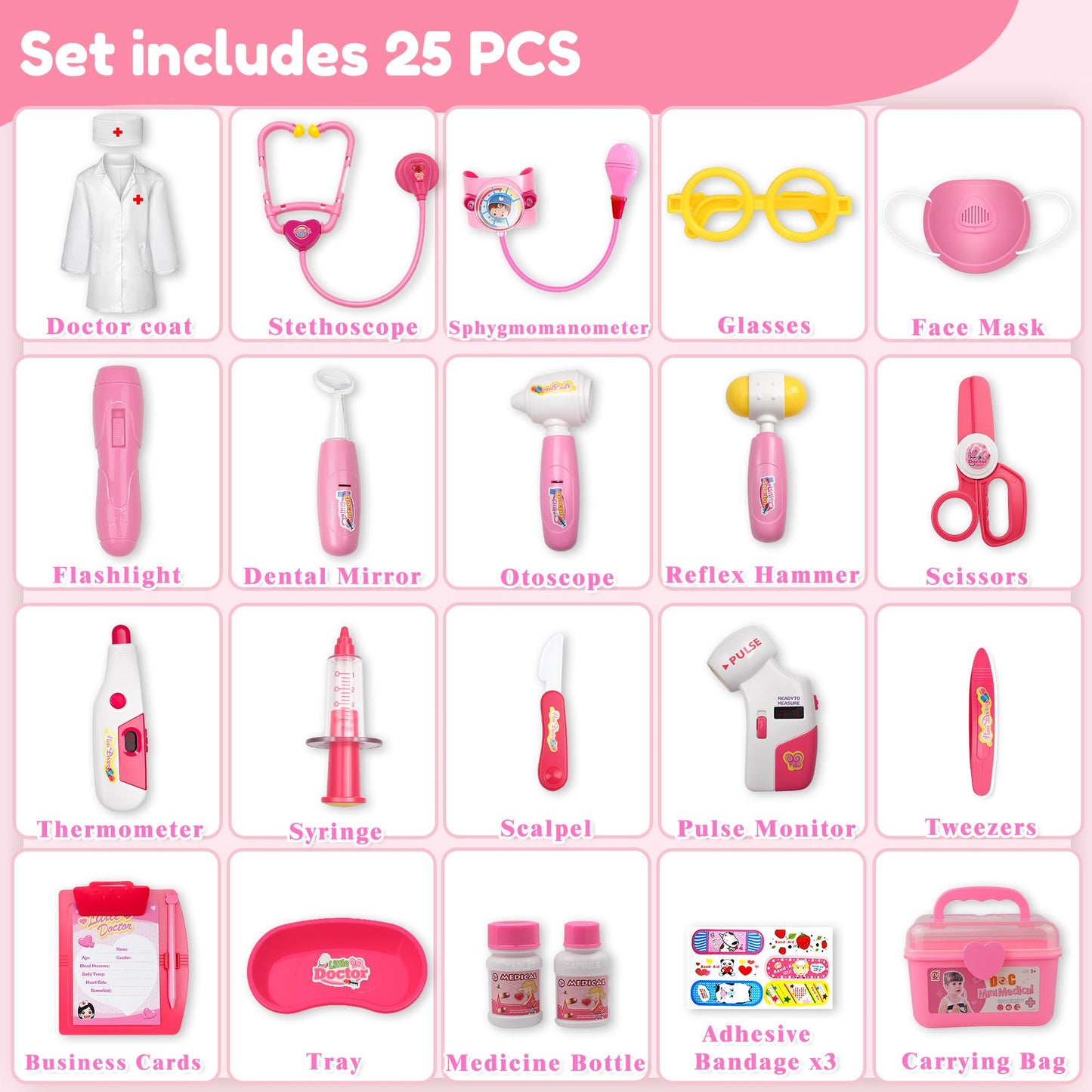 PJG Doctor Kit for Toddlers 3-5 | Pretend Play Stethoscope Set – Pink
