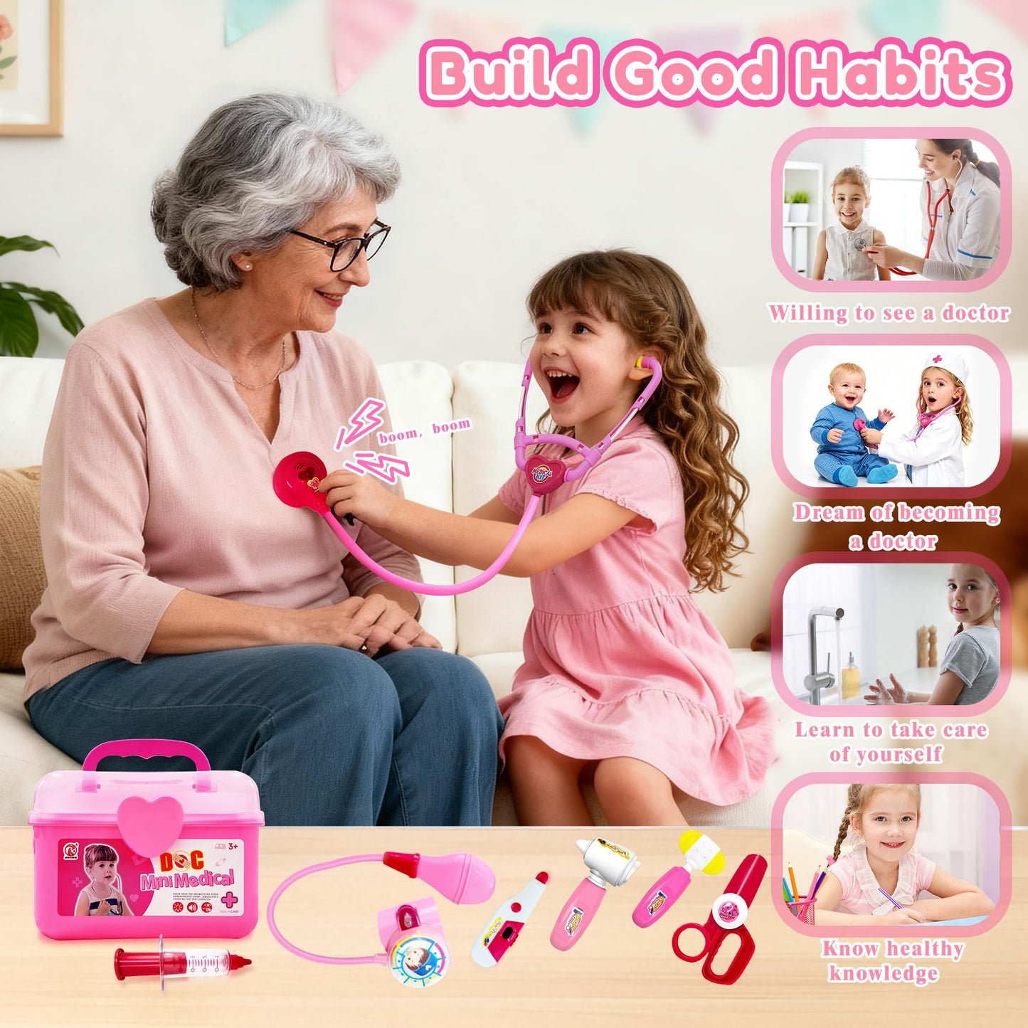 PJG Doctor Kit for Toddlers 3-5 | Pretend Play Stethoscope Set – Pink