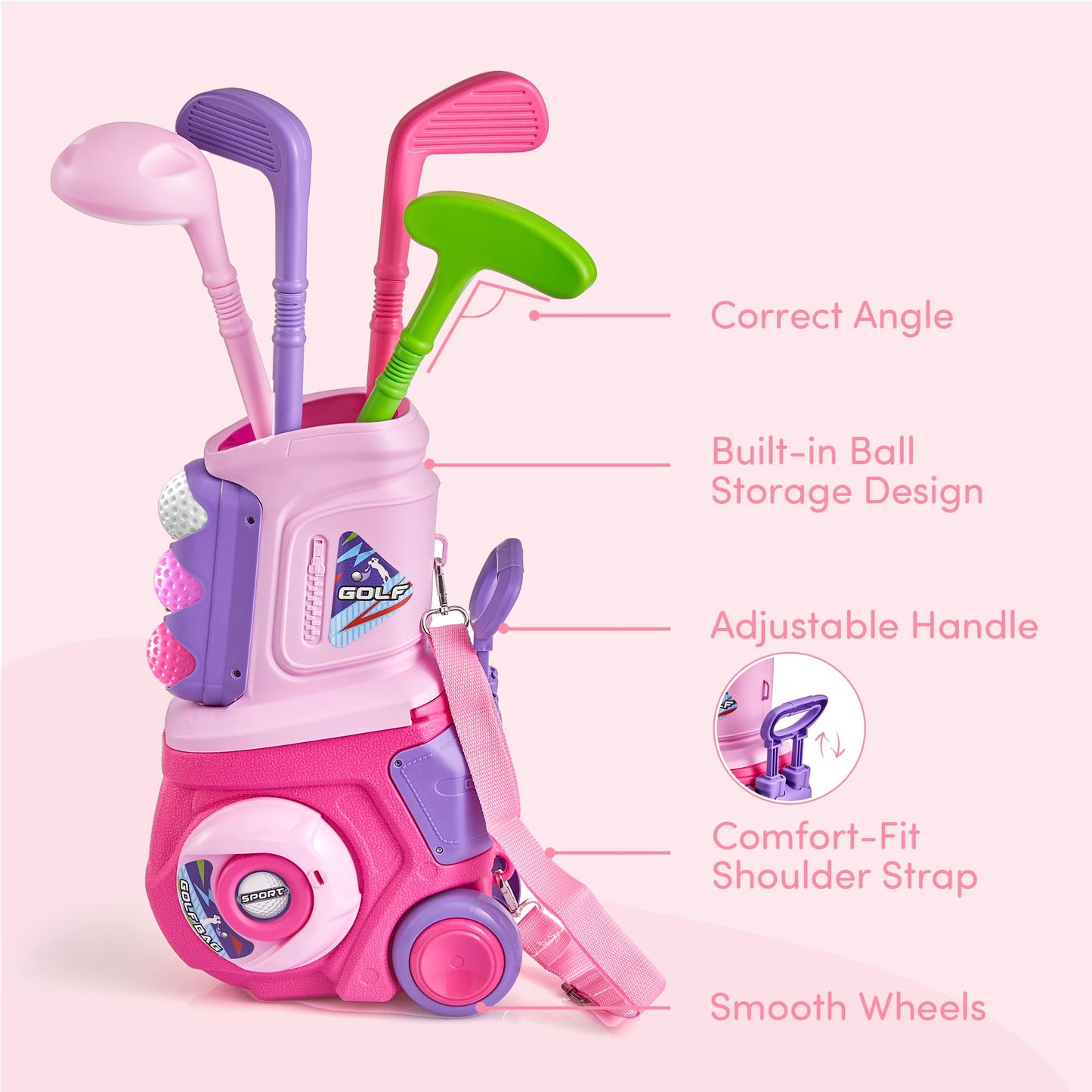 PJG Toddler Golf Set – 4 Plastic Clubs, 10 Balls, Portable Cart (Pink)