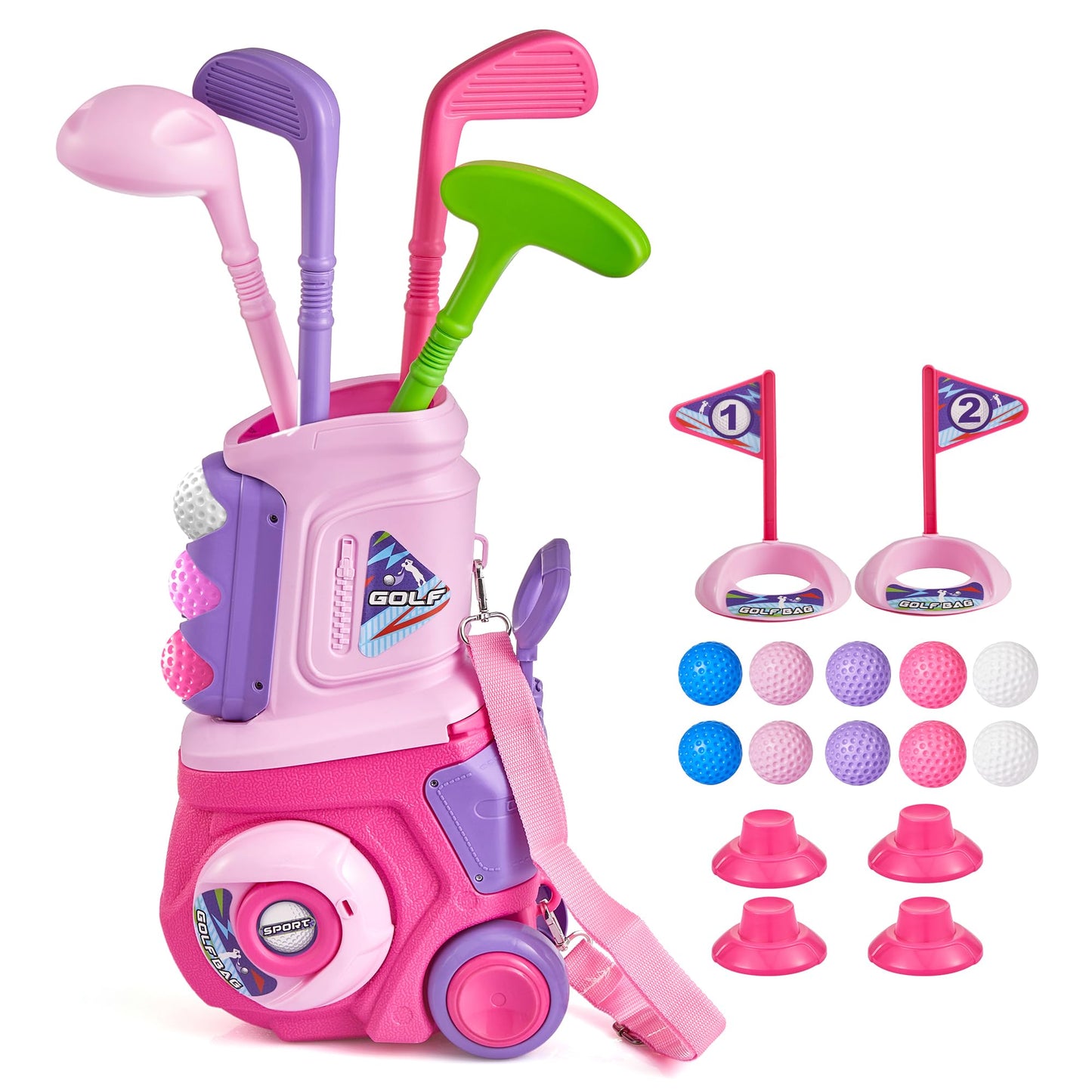 PJG Toddler Golf Set – 4 Plastic Clubs, 10 Balls, Portable Cart (Pink)