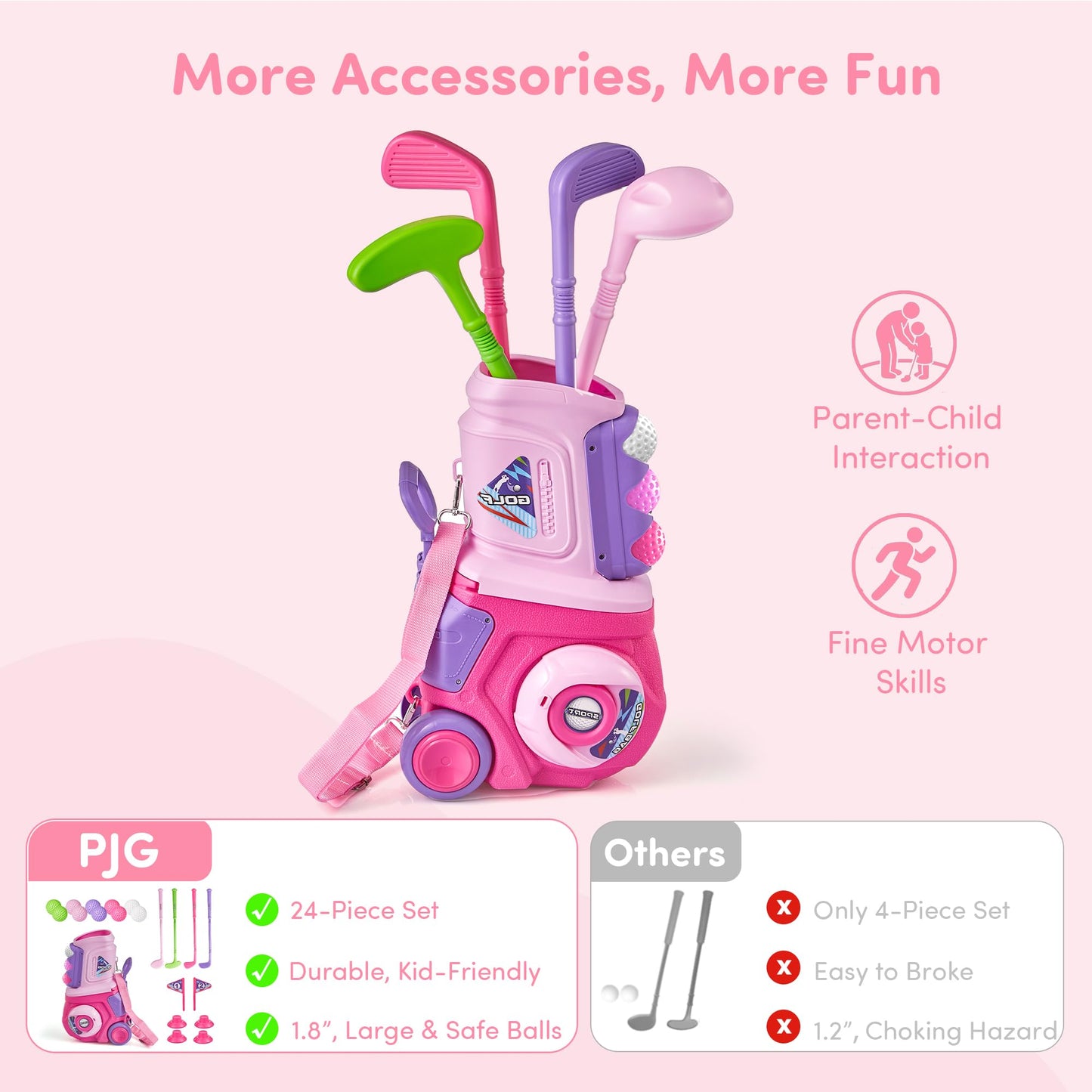 PJG Toddler Golf Set – 4 Plastic Clubs, 10 Balls, Portable Cart (Pink)