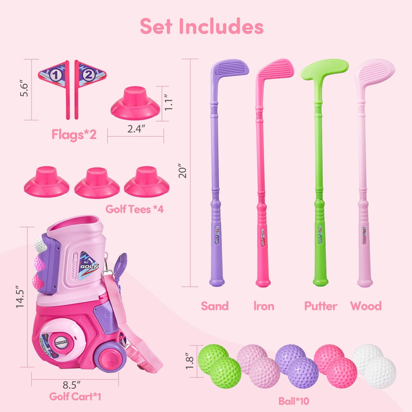 PJG Toddler Golf Set – 4 Plastic Clubs, 10 Balls, Portable Cart (Pink)