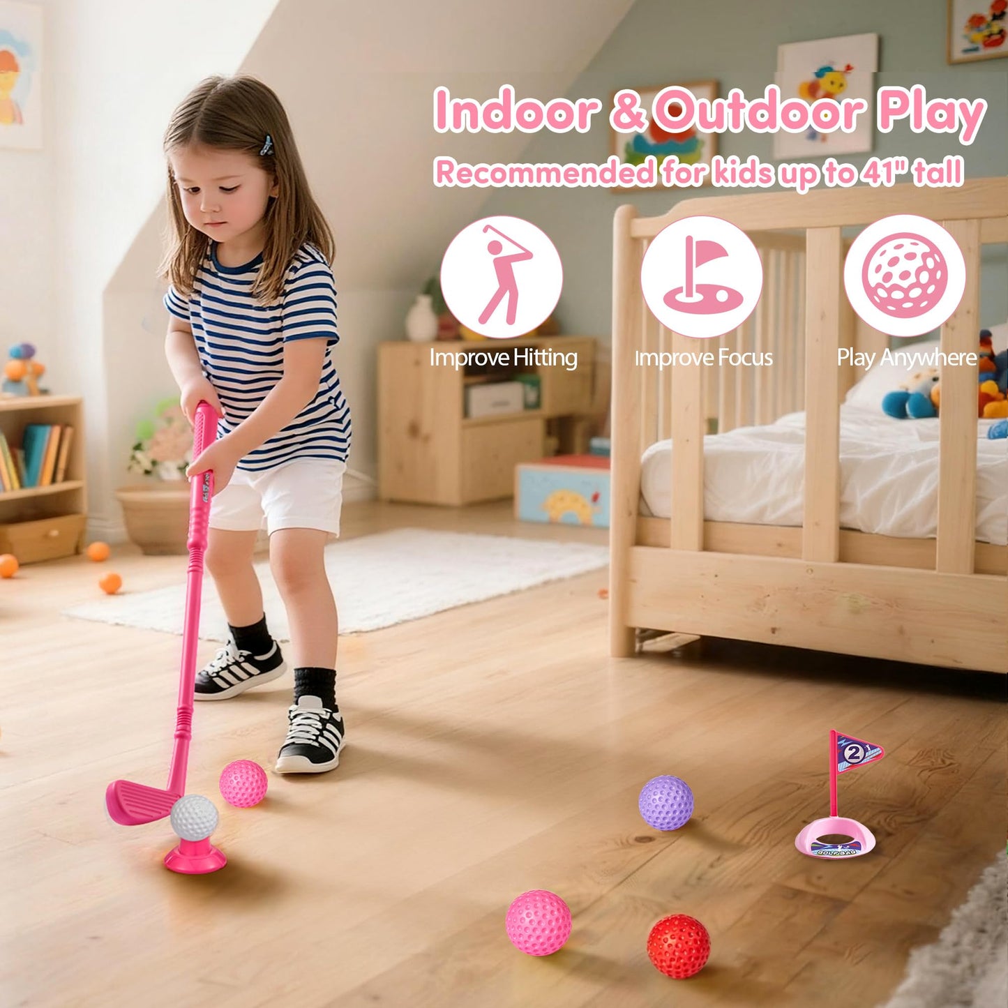 PJG Toddler Golf Set – 4 Plastic Clubs, 10 Balls, Portable Cart (Pink)