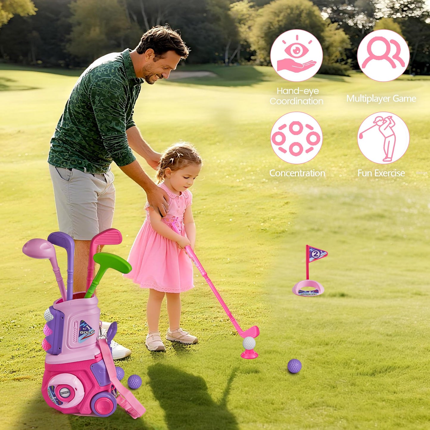 PJG Toddler Golf Set – 4 Plastic Clubs, 10 Balls, Portable Cart (Pink)