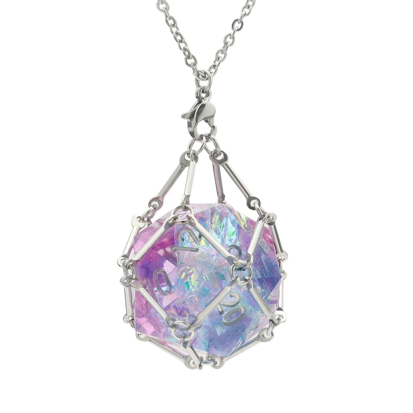 PJOY DND Dice Cage Necklace - Silver D20 Pendant for Gamers
